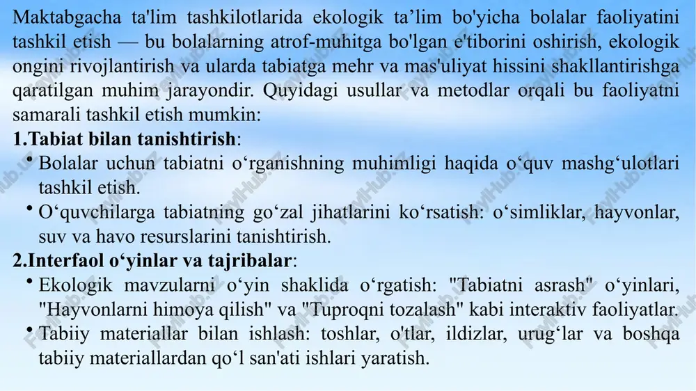 h aksiyalari, o‘rmonlarga chiqish va tabiatni saqlash bo‘yicha tashkil etilgan tadbirlar. atrof-muhitni kuzatish: bolalarni tabiatni kuzatishga, o‘simliklar va hayvonlar hayotiga diqqat bilan qarashga o‘rgatish. tabiatdagi o‘zgarishlarni (masalan, fasllar o‘zgarishi) kuzatib, bu o‘zgarishlar bilan bog‘liq ekologik ta’sirlarni tushuntirish. bu kabi faoliyatlar, bolalarda tabiatga bo‘lgan hurmatni shakllantirish bilan birga, ekologik bilimlarni oshirishga ham xizmat qiladi. bu jarayon nafaqat bolalarni o‘rgatishga, balki ularning ekologik madaniyatini rivojlantirishga xizmat qiladi. maktabgacha yoshdagi bolalarni har tomonlama kamol toptirish va tarbiyalashning eng samarali usullaridan biri bu tabiat bilan tanishtirishdir. tabiat — bolani maʼnaviy boyitishning bitmas-tuganmas manbaidir. bolalar doimo u yoki bu shaklda tabiat bilan aloqada boʻladilar. ularni yam-yashil oʻtloqlar, anvoi gullar, kapalaklar, qoʻngʻizlar, qushlar, hayvonlar, suzib yurgan bulutlar, pagʻa-pagʻa yogʻayotgan qor uchqunlari, jilgʻa va koʻlmaklar oʻziga jalb qiladi. oʻsimlik hamda hayvonotlarning xilma-xil olami bolalarda tabiatga nisbatan jonli qiziqish va havas uygʻotadi, ularni faoliyatga undaydi. tabiat bilan muloqotda boʻlish bolalarda atrofolam haqida realistik bilim, jonli mavjudotga insoniy munosabatda …