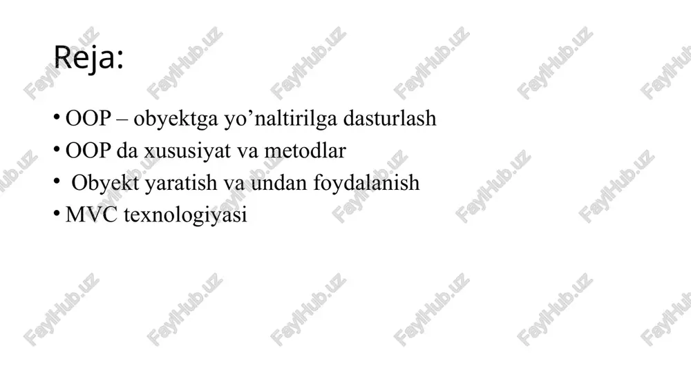 sh dasturdagi boshqa qismlarga ta'sir qilmaydi. oop asoslari class class(sinf) - bu ob'ektlarni yaratish uchun shablon. php-da sinf - bu o'zgaruvchilar bilan ishlaydigan o'zgaruvchilar va funktsiyalar to'plami. sinfni yaratish uchun class kalit so'zidan foydalaniladi, undan keyin sinf nomi va kod bloklari figurali qavs bilan ajratiladi. class user { } xususiyatlar sinfdagi barcha o'zgaruvchilar - xususiyatlar deyiladi. php-da sinfdagi o'zgaruvchilari "xususiyatlar" deb nomlanadi (shuningdek "atributlar" yoki "maydonlar"). ular public, protected yoki private kalit so'zlardan birini qo'llash orqali aniqlanadi, so'ngra normal o'zgaruvchi nomi yoziladi. class user{ public $name; } metod metod ob'ekt bilan bog'liq protsedura hisoblanadi (php funktsiyalariga o'xshash) funktsiya (metod) bu parametr shaklida ba'zi ma'lumotlarni kiritishi va ba'zi bir ishlov berishni bajarishi va qiymatni qaytarishi mumkin bo'lgan kod bo'lagidir. oopda metod sinfning bir qismi bo'lib, ushbu sinfning istalgan ob'ektiga kiritilgan. metodni public, protected yoki private kalit so'zlardan birini va oddiy finksiya nomi deklaratsiyasini ishlatib belgilash mumkin. public quyida keltirilgan misolda metod …