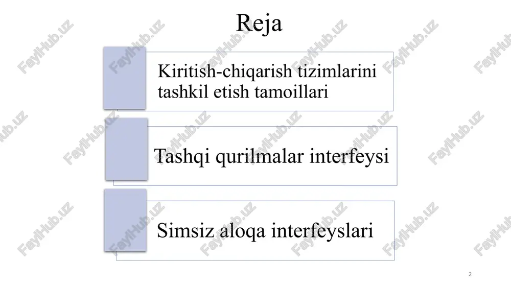 ol qurilma passiv qurilma ma’lumotlar yetakchi beruvchi (master) tobe ijrochi (target) protsessor (pr.) tezkor xotira (tsq) periferik qurilma periferik qurilma (pq) a) protsessor tezkor saqlash qurilmasi ma’lumotlar boshqarish qurilmasi b) bo’yruq markaziy protsessor periferik qurilmasi ma’lumotlar boshqarish qurilmasi d) dastur (drayver) 3-rasm. ma’lumotlarni almashishni boshqarish 10 obrazets teksta vtoroy uroven tretiy uroven chetvertiy uroven pyatiy uroven mp va pq o’rtasida ma’lumotlarni uzatishni tashkil etish interfeys yordamida o’zaro munosabatda bo’ladigan barcha qurilmalar ikki turga bo’linadi: beruvchi (master, faol qurilma), kiritish-chiqarish jarayonni boshlash va boshqarish, ijrochilar (passiv qurilma), ular qabul qiladi (chiqish, yozish) yoki berish (kirish, o’qish) va master buyurtmalarni bajaradi. ma’lumotlarni beruvchi qurilma manba, qabul qiluvchi esa qabul qiluvchi hisoblanadi. mp har doim beruvchi, tsq si esa doim bajaruvchidir. pq ikkalasi ham bo’ladi. ma’lumotlarni beruvchidan ijrochiga uzatishni yozish operatsiyasi, teskarisi esa – o’qish operatsiyasi bilan tashkil etiladi. mp va pq lar o’rtasidagi uzatish jarayoni ma’lumotlarni kiritish-chiqarish deb nomlanadi. kiritish-chiqarish jarayonlarini bajarishda …
