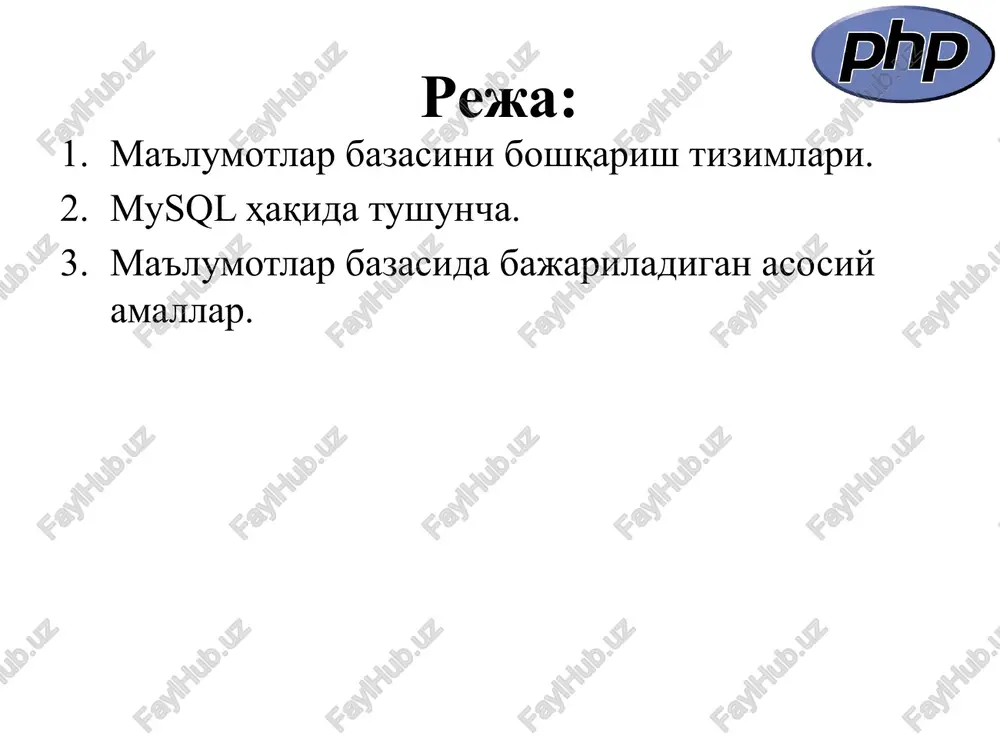 uyruqlar tez bajariladi; xavfsizlikni oddiy va effektiv tizimi; ma'lumotlar bazasida bajariladigan asosiy amallar create – ma'lumotlar bazasini yaratish, jadvallarni yaratish va ma'lumotlar kiritish; read – jadvallardan kerakli ma'lumotlarni o'qib olish; update – jadval, jadvaldagi zarur ma'lumotlarni o'zgartirish; delete – ma'lumotlar bazasidagi keraksiz ma'lumotlarni o'chirish. triggers, views, index ma'lumotlar bazasida bajariladigan asosiy amallar ma'lumotlar bazasini yaratish: create database dbname; jadval yaratish: create table table_name ( column_name1 data_type(size), column_name2 data_type(size), column_name3 data_type(size), .... ); ma'lumotlar bazasida bajariladigan asosiy amallar jadvalning barcha ustunlariga yangi ma'lumot kiritish: insert into table_name values (value1,value2,value3,...); jadvalning ayrim ustunlariga yangi ma'lumot kiritish: insert into table_name (column1,column2,column3,...) values (value1,value2,value3,...); ma'lumotlar bazasida bajariladigan asosiy amallar jadvaldan ayrim ustunlaridagi ma'lumotlarni o'qib olish: select column_name1,column_name2 from table_name; jadvaldan barcha ustunlaridagi ma'lumotlarni o'qib olish: select * from table_name; ma'lumotlar bazasida bajariladigan asosiy amallar jadvaldagi ma'lumotlarni o'zgartirish: update table_name set column1=value1,column2=value2,... where some_column=some_value; misol: update students set yashash_joyi=‘ttj‘ where viloyat!=‘toshkent’; ma'lumotlar bazasida bajariladigan asosiy …