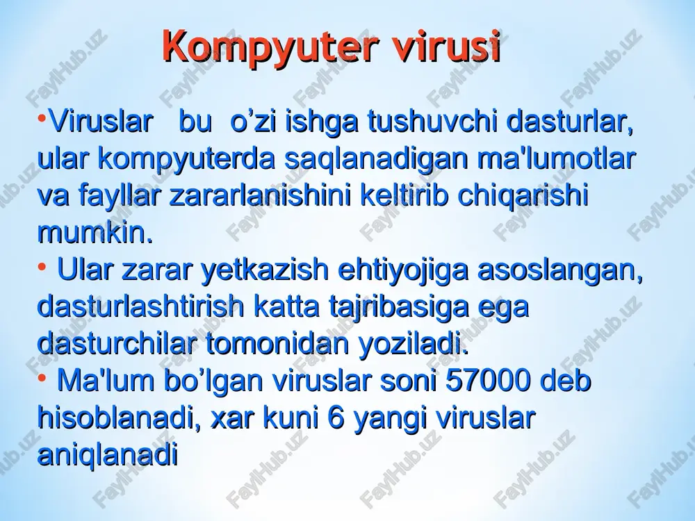 mtiyozli rejimlardan foydalanib zaxarlaydi. faqat faollshtirilgan vaqtda yashash muxitidan asosiy xotiraga tushib, zaxarlanish vazifasini bajaradi, so’ngra asosiy xotirani butunlay tark etib, yashash muxitida qoladi. beziyon viruslar xavfli viruslar juda xavfli viruslar sistema resurslariga jiddiy zarar keltirmaydigan,o’zini ko’z-ko’z qiluvchi viruslar bo’lib,ko’pincha kerakmas matn, rasm va musiqiy parchalarning ijro etilishiga olib keladi. sistema samaradorligiga jiddiy zarar keltiruvchi, ammo xotirada saqlanuvchi axborotning maxfiyligi va butunligini buzmaydigan viruslar. axborotning maxfiyligi buzilishiga,yo’q qilinishiga, axborotdan foydalanishga shikast yetkazuvchi va natijada apparat vositalarining ishdan chiqishiga sabab bo’luvchi viruslar kiradi. tarqalishida yashash makonini o’zgartirmaydigan tarqalishida yashash makonini o’zgartiradigan yo’ldosh viruslar qurt viruslar talaba viruslar stels viruslar polimorf viruslar ular fayllarni o’zgartirmaydi. ularning ta’sir mexanizmi asosan bajariluvchi fayllarning nusxalarini yaratishdan iboratdir. bu viruslar tarmoq orqali ishchi stantsiyaga tushib, tarmoqning boshqa abonentlari bo’yicha virusni jo’natish adreslarini hisoblaydi va virusni uzatadi. faylllarni o’zgartirmaydi, biroq asosiy xotiraga joylashadi. malakasi past yaratuvchilar tomonidan yaratiladi va asosan rezident bo’lmagan viruslar qatoriga kiradi. ularda ko’pihcha …