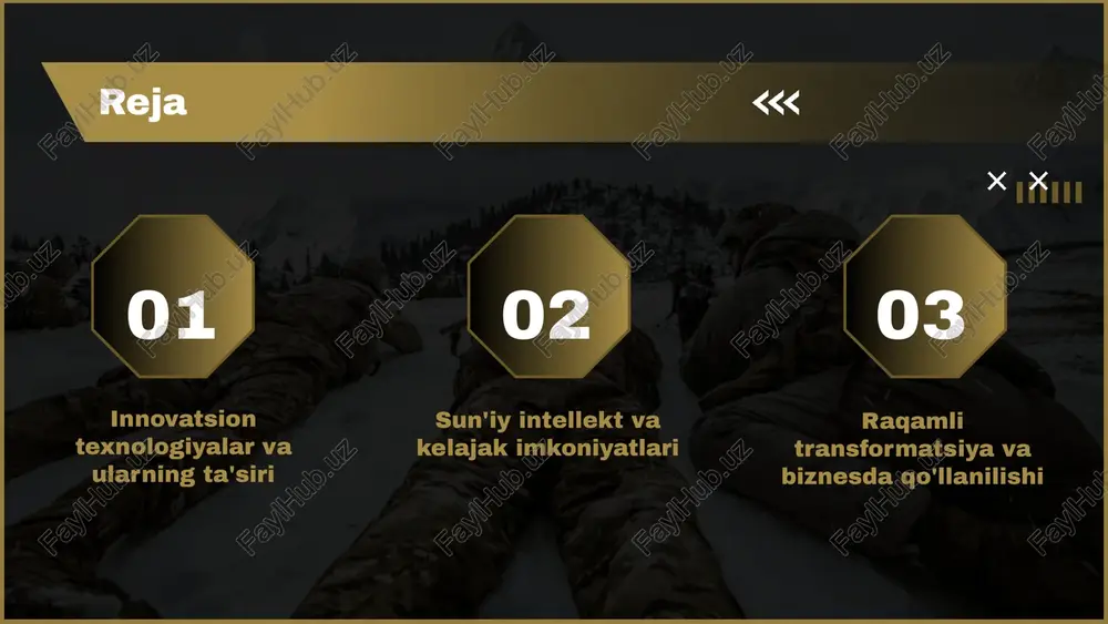 anoteknologiyalar kabi sohalarda yangi imkoniyatlar ochilib, bu texnologiyalar jamiyatga yangi yechimlar taqdim etadi. texnologiyalarning ta'siri ushbu texnologiyalar sog'liqni saqlash, transport va ta'lim kabi sohalarda o'z ta'sirini ko'rsatadi. masalan, sun'iy intellekt yordamida shifokorlar kasalliklarni aniqlashda yanada samarali bo'lishlari mumkin. global muammolarni hal qilish innovatsion texnologiyalar yordamida global muammolar, masalan, iqlim o'zgarishi va energiya ta'minoti bilan bog'liq muammolarni hal qilishda katta imkoniyatlar ochiladi. ular energiya samaradorligini oshirishga va tabiiy resurslardan oqilona foydalanishga yordam beradi. yangi imkoniyatlar va chaqiriqlar texnologiyalar rivojlanishi yangi imkoniyatlar yaratadi, lekin shu bilan birga yangi chaqiriqlarni ham keltirib chiqaradi. ushbu muammolarni hal qilish uchun innovatsion yechimlar va strategiyalar ishlab chiqish zarur. sun'iy intellekt (ai) - mashinalarning inson aqliy faoliyatlarini takrorlash imkoniyatiga ega bo'lgan texnologiya. ushbu texnologiya orqali mashinalar o'rganish, muammolarni hal qilish, va qarorlar qabul qilish qobiliyatiga ega bo'ladi. ai hozirda tibbiyotda (masalan, diagnostika va davolash rejalashtirish), moliya sohasida (risklarni baholash va savdo algoritmlari) va transportda (avtonom transport vositalari) …
