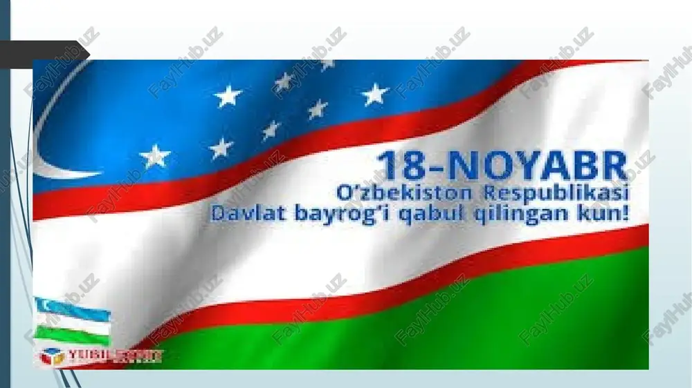 shil en chiziqlardan iborat. o‘rtadagi oq en chizig‘i ning har ikki yon tarafidan kengligi 2.5 sm keladigan qizil hoshiya o‘tkazilgan. o‘zbekiston respublikasi davlat bayrog‘ining yuqori qismidagi moviy enning old va orqa tomonlarida, bayroqning chap chetiga yaqin joyda, dastadan 20 sm masofada vertikal holatdagi oq rangli yangi oy tasviri joylashtirilgan. oyning do‘ng tarafi dastaga qaragan holatda va dastagacha bo‘lgan masofa do‘ngning eng chetki qismidan o‘lchanadi. yarim oy tasviri xayolan to‘lin oyga birlashtirilganida, uning diametri 30 sm chiqadi. ya'ni bayrog‘imizdagi oy aylanasi uzunligi 30π ga teng. moviy rangdagi qismda shuningdek, yarim oy tasviridan o‘ng tarafda, 12 ta besh qirrali yulduzlar tasvirlangan bo‘lib, ular yuqorida 3 ta, o‘rta qatorda 4 ta va pastki qatorda 5 tadan joylashtirilgan. har bir yulduz diametri 6 sm keladigan doiraga sig‘adi. yulduzlarga tashqi chizilgan doiralar orasidagi masofa ham 6 sm qilib belgilangan. quyi qatordagi 5 dona yulduz oyning pastki qirrasidan 3.5 sm masofada joylashadi. oy va yulduzlar umumiy …