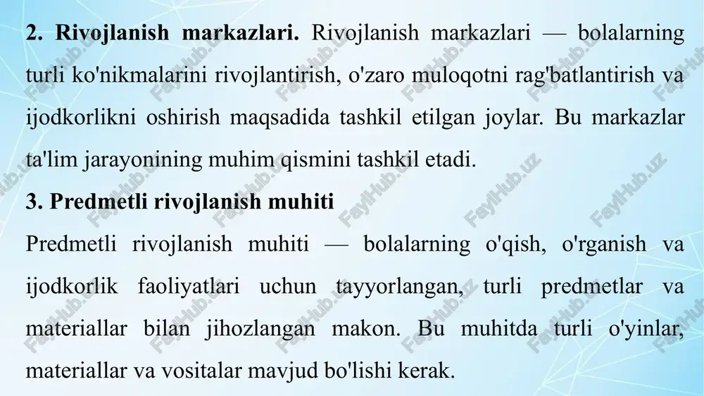 achalardan makonni bo‘lishda foydalanish mumkin), guruhning 1/3 qismi o‘yinlarni tashkil etish va ko‘p sonli bolalar faoliyati uchun bo‘sh qolishi darkor; ● mebel va jihozlar bolalarning erkin va xavfsiz harakatlanishini ta’minlaydigan yo‘sinda joylashtiriladi; ● “tinch” va “shovqin” markazlar bolalar bir-biriga xalaqit bermasligi uchun uzoqroq joylashtiriladi (shovqin darajasi harakatlanish istagiga, bezovtalik va bolalarning ijodiy qobiliyatiga ta’sir etadi); “xilvat” markaz/burchagining bezatilishi bolaning hordiq chiqarishi uchun zarur; ● bolalarning kognitiv va nutqiy faoliyatini rag‘batlantiradigan materiallar yetarli miqdorda barcha markazlarga kiritilgan; ● markazlar bolalar faoliyatining individual turini ham, bolalarning kichik va katta guruh birlashmalarida ishlashini ham ko‘zda tutadi; ● markazlar bolalar va pedagogning mustaqil faoliyati uchun ham, ayrim turdagi frontal (hamma bir vaqtda bajaradigan) mashg‘ulotlarni o‘tkazish uchun ham mo‘ljallangan; ● o‘qish, musiqa tinglash va dam olish uchun yumshoq o‘tirish joylarini bo‘lishini ko‘zda tutish (yostiqlar, yumshoq kichkina stulchalar, bolalar o‘rindiqlari va h.k.); ● bolalar bir vaqtning o‘zida o‘tirishlari uchun xonada yetarlicha stol va stullar bo‘lishi lozim …