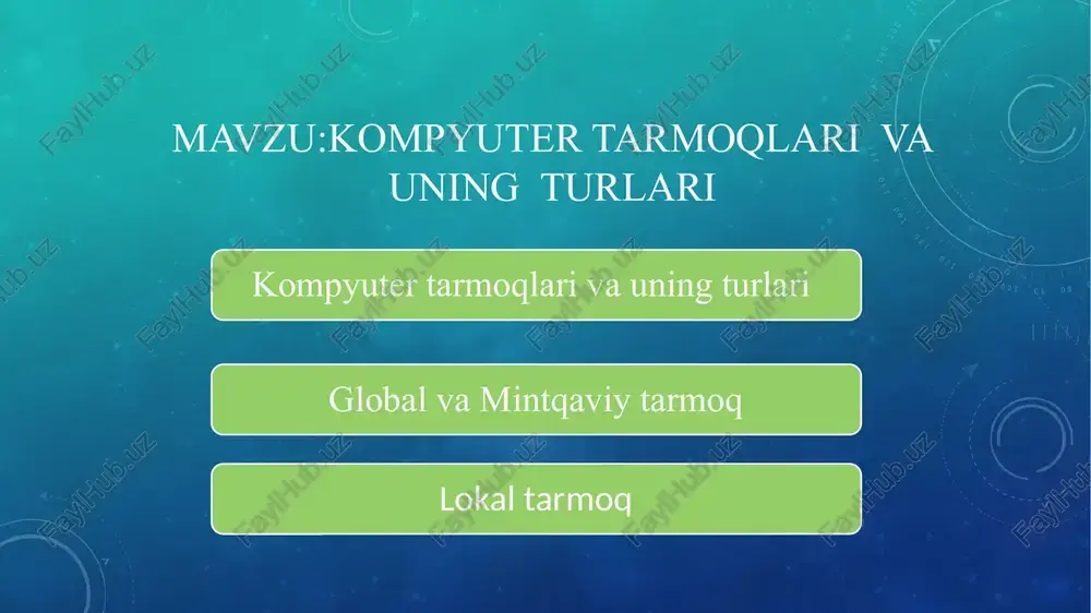 alar tashkil qilishi, ularning yaratilishi va ishlashi, ahamiyatini anglash hamda bevosita ishlay olish ko’nikmalariga ega bo’lish hozirgi jamiyatning har bir a’zosi uchun muhimdir. kompyuterdan turli masalalarni hal qilishda foydalanish mumkin.axborot almashish uchun magnit va kompakt disklardan foydalanish yoki boshqa kompyuterlar bilan umumiy t armoqqa ulanish kerak bo’ladi. lokal tarmoq kompyuter tarmoqlari hozirda kompyuterni qo’llashda ko’pgina foydalanuvchilar uchun yagona axborot makonini ta’riflovchi tarmoqlarni tashkil etish muhim hahamiyatga ega. uzatish kanallari orqali o’zaro bog’langan kompyuterlar majmuiga k o m p yu t ye r t a r m o g’ i deyiladi. bu tarmoq undan foydalanuvchilarni axborot almashuv vositasi va apparat, dastur hamda axborot tarmog’i resurslaridan jamoa bo’lib foydalanishni ta’minlaydi. kompterlarning tarmoqqa birlashishi qimmatbaho asbob uskunalar - katta hajmli disk, printerlar, asosiy xotiradan birgalikda foydalanish, umumiy dasturli vositaga va ma’lumotga ega bo’lish imkonini beradi. tarmoqning asosiy vazifasi foydalanuvchining taqsimlangan umumtarmoq resurslariga oddiy, qulay va ishonchli kirishini ta’minlash va ruxsat berilmagan kirishdan ishonchli …