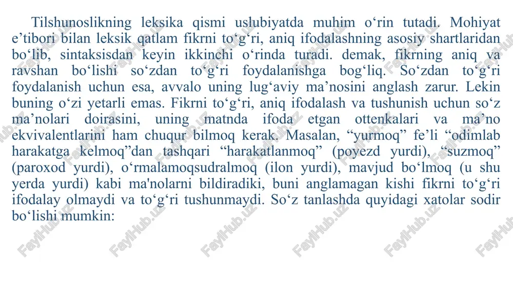 susiyat va belgilarini bo‘rttirish, tinglovchida vanada aniqroq, ta’sirliroq tushuncha hosil qil ish, shu bilan unda emot-sional tuyg‘u uyg‘otish maqsadida so‘zni ko‘chma ma’noda qo‘llaydi. bunda u predmet, jonivor va hodisalarga xos bo‘lgan xususiyat belgini insondagi shunga o‘xshash belgi-xususiyatga, harakatga qiyoslaydi. shunday qilib, ko‘chma ma’noda ishlatilgan so‘z uslubiy bo‘yoq oladi va tinglovchida fikr obyekti haqida aniq tasavvur hosil qiladi. masalan: tosh yurak, “lola”da ovqatlandik kabi. fonetik uslubiyat tilshunoslikning fonetika, fonologiya va morfonologiya sohalarining tekshirish obyekti bo‘lgan nutq hodisataridan qanday maqsadlarda, uslubiy-ekspressiv jihatdan nimalarni ko‘zlab foydalanish yuzasidan bahs yuritadi. mohiyat va vazifa e’tibori bilan intonatsiya va to‘xtam fonetik vosita emas, balki uslubiy vositadir. lekin ular nutq hodisasi” sifatida talaffuz bilan, tilning tovush tomoni bilan zich bog‘langanligi tufayli fonetikada o‘rganiladi. uslubiy ekspressiya nuqtai nazaridan til fonetik vosita materiallaridan adabiy orfografik normalardan “chetga chiqib” foydalanish muhimdir. adabiy orfoepik normalar doirasida yoziladigan so‘zlar talaffuzidagi o‘zgalik va, umuman, tovushlarning kombinator pozision o‘zgarishlari ekspressiya hosil qilmaydi. ular faqat …