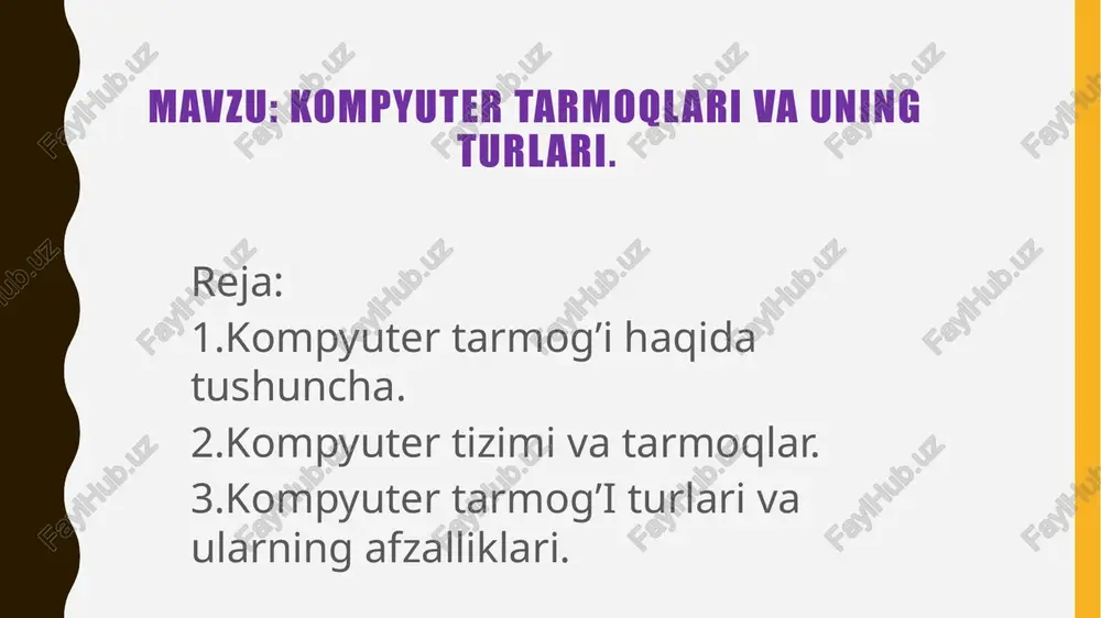 va sovet iqtisodiyotini nazorat qilishni qayta tashkil etishning batafsil rejasini taklif qildi. kitovning taklifi rad etildi, chunki keyinchalik 1962-yildagi ogas iqtisodiyotni boshqarish tarmogʻi loyihasi edi. 1960-yilda tijorat aviakompaniyalarini bron qilish tizimi yarim avtomatik biznes tadqiqot muhiti (sabre) ikkita ulangan asosiy kadrlar bilan onlayn rejimga oʻtdi. kompyuter tarmoqlari va turlari ko'pincha ―mahalliy tarmoqla (lokalniye seti, lan, local area network) atamasini aynan, katta bo'lmagan, mahalliy o'lchamli, yaqin joylashgan kompyuterlar ulangan tarmoq, ya‘ni, mahalliy tarmoq deb tushiniladi. lekin ba‘zi mahalliy tarmoqlarning texnik ko'rsatgichlariga nazar solsak, bunday atama aniq emasligiga ishonch hosil qilish mumkin. oxirgi vaqtda axborotlarni almashish usullari va vositalarini ko'p turlari taklif qilinmoqda: eng oddiyi fayllarni disklar yordamida kompyuterdan kompyuterga o'tkazishdan tortib, to butun dunyo kompyuterlarini birlashtira olish imkoniyatini beradigan internet tarmog'igacha. kompyuter tarmoqlari elektron pochta, lahzali xabar almashish, onlayn chat, ovozli va video qoʻngʻiroqlar va video konferentsiya kabi turli xil elektron usullardan foydalangan holda foydalanuvchilarning bir-biri bilan muloqot qilish usullarini yaxshilaydi. …