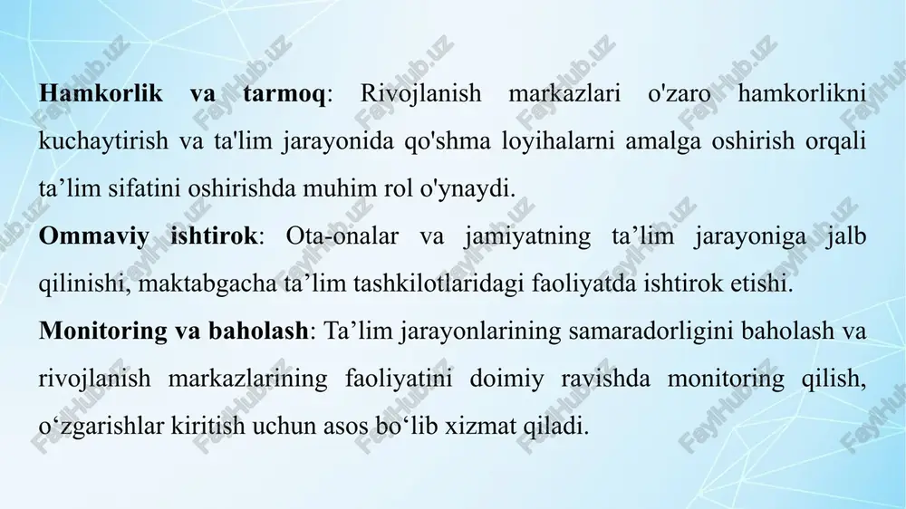 bolalarning sog‘lom ovqatlanishini va xavfsizligini tashkil etishga doir majburiy minimum talablarni joriy etish va nazoratini tashkil etishdan iborat. 4 bob. davlat standartining tarkibiy qismlari 8.davlat standartining tarkibiy qismlari quyidagilardan iborat: -ilk va maktabgacha yoshdagi bolalar rivojlanishiga qo‘yiladigan davlat talablari (1-ilova); -maktabgacha ta’lim tashkilotining davlat o‘quv dasturi (2-ilova); -maktabgacha ta’lim tashkilotlarini o‘yinlarto‘plami,o‘yinchoqlar, mebel, jihozlar va boshqa texnik, reabilitatsiya vositalari bilan jihozlash me’yorlari (3-ilova). 2.davlat talablarining maqsadi va asosiy vazifalari 4.davlat talablarining maqsadi — mamlakatda o‘tkazilayotgan ijtimoiy-iqtisodiy islohotlarni, xorijiy mamlakatlar ilg‘or tajribasi hamda ilm-fan yutuqlari va zamonaviy axborot-kommunikatsiya texnologiyalarini inobatga olgan holda maktabgacha ta’lim tizimida ma’naviy barkamol va intellektual jihatdan rivojlangan shaxsni tarbiyalash. 5.davlat talablarining asosiy vazifalari quyidagilar hisoblanadi: -maktabgacha yoshdagi bolalarning rivojlanishi, ta’lim-tarbiyasi mazmuni va sifatiga qo‘yiladigan talablarni belgilash; -milliy, umuminsoniy va ma’naviy qadriyatlar asosida bolalarga ta’lim-tarbiya berish, rivojlantirishning samarali shakllari va usullarini joriy etish; -ta’lim-tarbiya jarayoniga pedagogik va zamonaviy axborot kommunikatsiya texnologiyalarini joriy etish; -kadrlarni maqsadli va sifatli tayyorlash uchun …