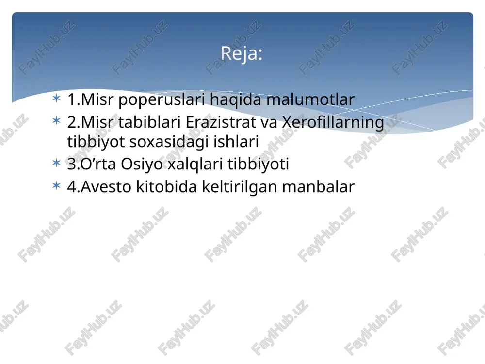 uslarda asosan dorilar ularni qaysi kasalliklar va qanday usulda ishlatilishi bayon etilgan. qadimgi misr tibbiyotining xarakterli xususyatlaridan biri har bir kasallik uchun turli tuman retseplar ishlatilar edi . tabib moxirligi kasalga mos retsept tuza olishi bo’lgan . misr tabiblarining fikiricha har bir kasallika qo’yiladigan dori retsepti albatta murakkab bo’lishi zarur . shuning un bazi retseptlar 30-40 xil ingredientlardan yani alohida moddalardan tashkil topgan dorilarni qo’llashda juda ko’plab narsalar (yil fasli, kassalik turi, bemor yoshi bemor ahvoli) hisobga olinadi . bir xil kasal bilan og’rigan ikki bemor biri bola bo’lsa unga dori butunligicha shu kasal bilan og’rigan ikkinchi bemor chaqaloq bo’lsa uni dorisi maydalanib yoki sut bilan berilishi kerak ligi ko’rsatilgan. misrliklarning tushunchasiga binoan , odam o’lgandan keyin (agar uning jasadi saqlanib qolinsa) uning ruxi yashashda davom etadi . shu tushuchaga binoan misrlikla fravnlar , saroy ayonlari , juda badavlat kishilar o’lgandan so’ng ularni ularni jasadini balzamlaganlar yani mumyolangan. etamizdan oldingi …