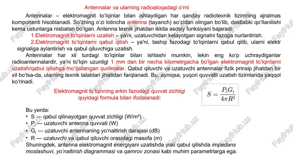 diated and energy supplied yuborilgan energiya va nurlatilgan energiya nisbati eirp / gain typically, maximum energy radiated around an antenna antennaning atrofida eng yuqori energiya nurlanish darajasi fractional bandwidth frequency bandwidth in percent chastota kengligi foizda front to back ratio divide boresight gain over the reverse gain oldinga nurlanish kuchining orqaga nurlanish kuchiga bo'linishi half power beam width angle between the half-power points of the main lobe asosiy bargning yarim kuchli nuqtalari orasidagi burchak pattern radiation in a sphere all around the antenna antennaning atrofida radiusda tarqaladigan nurlanish (yo’nalganlik diagrammasi) polarization direction at which the electrical energy oscillates elektr energiyasining tebranish yo'nalishi quality factor antenna bandwidth relative to center frequency antenna kengligining markaziy chastotaga nisbati return loss / vswr ratio of energy through and returned back to the input port turg’un to’lqin koeffisienti eirp (effective isotropic radiated power) yoki samarali izotropik nurlanish kuchini ilmiy ta'rifi quyidagicha bo'ladi: eirp (samarali izotropik …