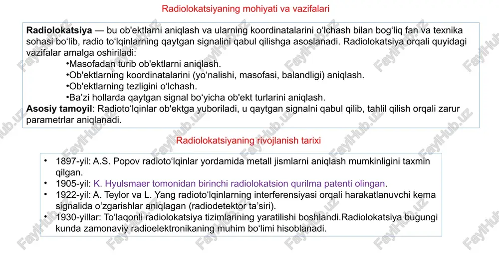 adar work? dastlabki radiolokatsiya tizimlari va ularning kamchiliklari dastlabki radiolokatsiya qurilmalari: dunyodagi barcha ilk radiolokatsiya tizimlari uzluksiz to‘lqin chiqarish printsipida ishlagan. ushbu tizimlar faqat ob’ekt mavjudligini aniqlashga xizmat qilgan, lekin masofani aniqlay olmagan. shuning uchun ularni radiodetektorlar, radioqidirgich yoki radiobildirish vositalari deb atashgan. asosiy kamchiliklari: masofani aniq o‘lchash imkoni bo‘lmagan. tizimlar juda oddiy va ko‘p xatolarga moyil bo‘lgan. ob'ektni aniqlash aniqligi past bo‘lgan. 1934-yil 3-yanvar: sssrda birinchi muvaffaqiyatli radiolokatsiya tajribasi o‘tkazildi. tajriba davomida: gidrosamolyot harakati natijasida qaytgan signal muvaffaqiyatli qabul qilindi. masofa — 600-700 metr. qaytgan signalda doppler chastota siljishi aniqlandi. ushbu tajriba ahamiyati: sssrda amaliy radiolokatsiya tizimlari yaratish uchun asosiy ilmiy texnik baza shakllandi. dastlabki natijalar kelajakdagi yuqori aniqlikdagi rlslar uchun muhim bo‘ldi. sssr tajribasi butun dunyoda radiolokatsiyaning harbiy va fuqarolik ahamiyatini ochib berdi. ushbu yo‘nalishda olib borilgan ilmiy tadqiqotlar: harbiy aviatsiya va pvo (havo hujumidan mudofaa) uchun muhim texnologik poydevor yaratdi. keyinchalik raketa hujumlaridan mudofaa, sun’iy yo‘ldoshlar nazorati …