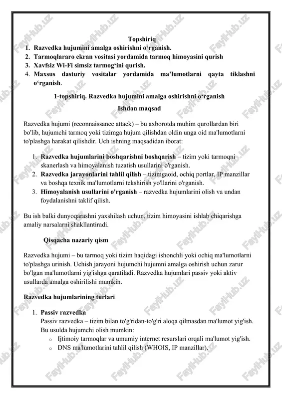 n-to'g'ri aloqa qilish orqali ma'lumot yig'ish. bunga hudud: · tarmoq skanerlash (masalan, nmap orqali). · ochiq portlarni tegishli. · xizmatlarni va sifat versiyalarini baholash. mening variantim 14-raqam shuning uchun 14-topshiriqlarni bajaryapman. 14-variant toshkent moliya instituti sayti muhammad al-xorazmiy nomidagi toshkent axborot texnologiyalari universiteti urganch filiali toshkent axborot texnologiyai uuniversiteti toshkent moliya instituti sayti -rasmiy saytiga razvedka hujumini amalga oshirdim. natijasi quyidagicha: yuqoridagi rasmda "zenmap" grafik interfeys vositasi yordamida amalga oshirilgan "nmap" tarmoq skaneri xujayra ko'p fayl. bu vosita turli portlarni va sudlov ochiqlikni tekshirish uchun. ushbu tadqiqotning asosli tahlili: 1. buyruq qatori buyruq: nmap -t4 -a -v www.tfi.uz/uz-latn -t4: tezlikni bosing uchun (tezkorkan). -a: xizmatni aniqlash, operatsion tizimni va skriptlarni tuzatish. -v: batafsil chiqish (batafsil rejim). tfi.uz: maqsad tarmoq yoki ip manzili bo'lishi mumkin. 2. skanerlanish vaqti · skan 2024-12-08 kuni boshlanib, vaqt zonasi "west asia standard time" bo'lgan holda amalga oshirilgan. 3. tarmoq ip manzili va foydalanish · maqsad …