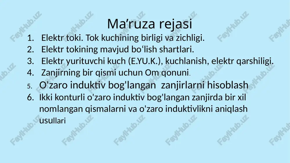 olda esa -"manfiy" o‘linadi. misol tariqasida 3.7- rasmda keltirilgan zanjir uchun kirxgof birinchi va ikkinchi qonunlari asosida tenglamalar tuzamiz. tenglamalardagi kuchlanishlar ifodalarini konturdagi elementlar joylashish tartibiga ko‘ra yozamiz: kirxgof 2- qonuniga asosan tuzilgan kontur toklar tenglamalari sistemasini ham keltiramiz: bu tenglamalarni quyidagicha ko‘rinishda yozish mumkin: bunda , va -1- , 2- va 3- konturlar xususiy kompleks qarshiliklari, ; va -1- va 2-, 2- va 3-, 3- va 1- yondosh konturlar o‘zaro kompleks qarshiliklari; e1, e2, e3,-birinchi, ikkinchi va uchinchi konturlar kompleks eyk lari. esa, manbaning "-" ishorali qismasiga ulanadi. noli o‘rtada joylashgan o‘zgarmas tok voltmetri ikkinchi induktiv g‘altakka ulanadi. agar sa kalit ulanganda voltmetr mili (strelkasi) musbat yo‘nalishga, ya'ni o‘ngga burilsa, u holda ikkinchi induktiv g‘altakning bir xil nomli qismasi 3 bo‘ladi. agar voltmetr strelkasi manfiy yo‘nalishga, ya'ni chapga burilsa, u holda bir xil nomli qisma 4 bo‘ladi. 1)ikkita g‘altak orasidagi o‘zaro induktivlikni aniqlashning birinchi usuli. salt ish rejimida ikkinchi …