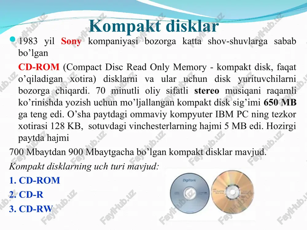 sh uchun o’rnatiladi. lazerli kompakt disklar dvd disklar 1995-yil yangi turdagi optik disklar dvd (digitel video disk-raqamli video disk) lar yaratildi. ular kompakt disklardan katta sig’imlari bilan ajralib turadilar. yuqori chastotali lazerlardan foydalanish va diskdagi halqalar orasidagi masofani kamaytirish hisobiga bitta diskga 4,7 gb sig’imli disklar yaratish mumkin bo’ldi. disk ikki tomoniga yozish hisobiga disk hajmini 8,5-9,4 gb gacha yetkazish mumkin bo’ldi. dvd disk yurituvchilar barcha disklarni o’qiy oladi. dvd hamda kompakt disklarni ham o’qiy oladi. dvd disklarni dvd-rom, dvd-r, dvd-rw turlari va disk yurituvchilari mavjud. digital video disk (dvd) -qattiq disklarning keyingi yangi avlodi bo’lib, ma'lumotlarni tashish, saqlash asosan videoli ma'lumotlar uchun foydalaniladi va keng tarqalgan. ularning ikki turi mavjud: 1) dvd-r 2) dvd-rw dvd-r (digital video disc - read) – o’qish uchun ishlatiladigan raqam video disk. unga faqat bir marta ma'lumot yoziladi va o’chirib bo’lmaydi. dvd-rw (digital video disc - read write) – o’qish va yozish uchun ishlatiladigan …