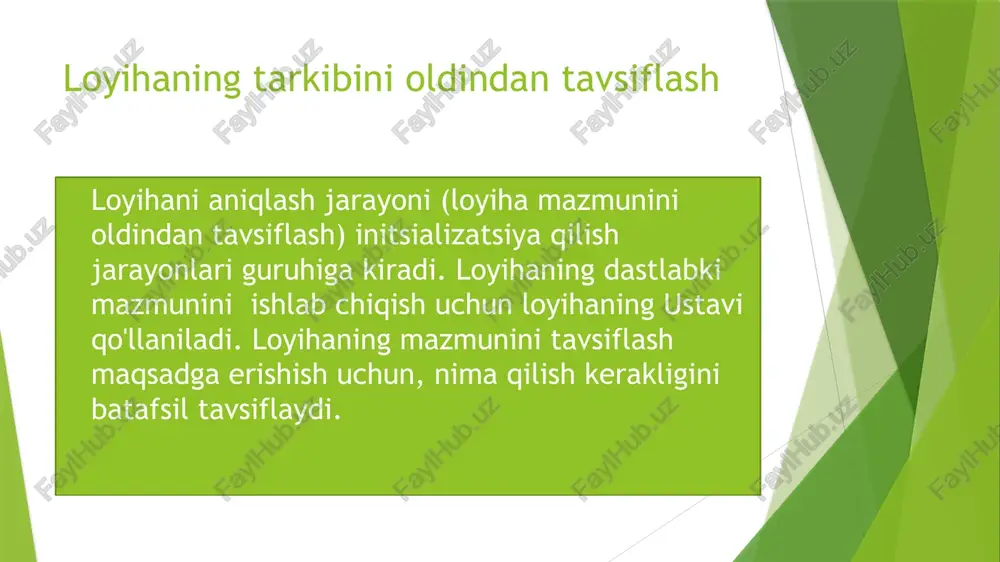 birinchi besh jarayon rejalashtirish jarayonlari guruhiga, oltinchisi monitoring va boshqarish jarayonlari guruhiga tegishli. jarayonlar o'zaro va boshqa bilim sohalaridagi jarayonlar bilan o'zaro ta'sir qiladi. loyihani boshqarish jarayonlaridan oldin rejalashtirish jarayoni rejalashtirilgan bo'lib, unda ishlar jadvalini ishlab chiqish va boshqarish mezonlari, loyihalarni boshqarish rejasi ishlab chiqiladi va shu vaqt ichida jadvalni boshqarish rejasi ishlab chiqiladi. jadvalni boshqarish rejasi loyihani boshqarish rejasiga yoki uni qo'llab-quvvatlash rejasiga kiritilgan sifat - bu ob'ektning belgilangan yoki kutilayotgan ehtiyojlarni qondirish qobiliyati bilan bog'liq bo'lgan ajralmas to'plamidir. sifatga misollar: tayyorlik holati, xavfsizlik, ishonchlilik. sifat menejmenti (loyihani boshqarish doirasida) - bu loyiha ishtirokchilarining loyihaning o'zi va mahsulot sifatiga bo'lgan talablarini bajarishga qaratilgan usullar, vositalar va tadbirlar tizimi. loyihaning sifatini boshqarish,loyihaning butun hayotiy sikli davomida amalga oshiriladi. shaklda loyihalar sifatini boshqarish bosqichlari keltirilgan. konsepsiya rejalashtirish tugatish tartibga solish tashkillashtirish tahlil qilish nazorat qilish image1.gif kohuemaa petyjihpobahhe, aha tliahhpobahhe 3abepiiehhe oprahh3anha v0 kohtpojib /docprops/thumbnail.jpeg ‘mavzu:dtni loyihalash qarorlarini baholash. baholash modellari.
