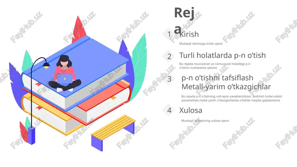 ladi va bu qatlam elektron – kovak o‘tish yoki p-n o‘tish deb ataladi. ko‘p sonli yarim o‘tkazgichli asboblar va integral mikrosxemalar ishlash prinsipining p-n o‘tish xossalariga asoslangan. p-n o‘tish o‘tish hosil bo‘lish mexanizmini ko‘rib chiqamiz. soddalik uchun, n – sohadagi elektronlar va p – sohadagi kovaklar sonini teng olamiz. bundan tashqari, har bir sohada uncha katta bo‘lmagan asosiy bo‘lmagan zaryad tashuvchilar miqdori mavjud. xona temperaturasida p-turdagi yarim o‘tkazgichda akseptor manfiy ionlarining konsentratsiyasi na kovaklar konsentratsiyasi rrga, n– turdagi yarim o‘tkazgichda donor musbat ionlarining konsentratsiyasi nd elektronlar konsentratsiyasi nn ga teng bo‘ladi. demak, p- va n – sohalar o‘rtasida elektronlar va kovaklar konsentratsiyasida sezilarli farq mavjudligi tufayli, bu sohalar birlashtirilganda elektronlarning p – sohaga, kovaklarning esa n – sohaga diffuziyasi boshlanadi. diffuziya natijasida n– soha chegarasida elektronlar konsentratsiyasi musbat donor ionlari konsentratsiyasidan kam bo‘ladi va bu soha musbat zaryadlana boshlaydi. bir vaqtning o‘zida r- soha chegarasidagi kovaklar konsentratsiyasi kamayib boradi va …