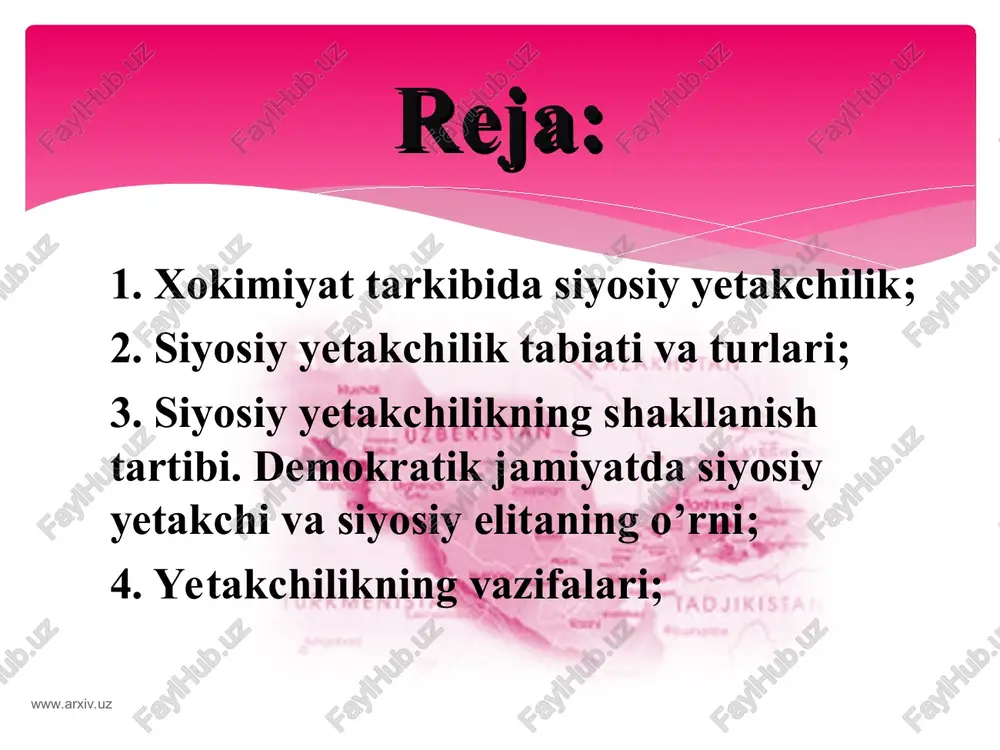 lash uchun xar qanday vositalardan foydalanuvchi podshox. masalan, „milliy davlatni qurish va mustaxkamlashda davlat boshlig’i sherdek dovyurak, tulkidek ayyor bo’lishi, agar pirovard maqsadga foydali bo’lsa, o’z vahdalarini bajarmasligi xam mumkin, chunki yuksak natijalar xuddi shunday yo’l tutgan knyazlarga nasib etgan"2 kabi makiavelli tomonidan ishlab chiqilgan, ayyorlik va kuchni moxirona birlashtirishni taqozo etuvchi g’arbona mentalitet aks etgan amaliy maslaxatlar kromvelg’, napo­leon va boshqa ko’plab yevropalik siyosatchilar tomonidan yuqori baxolangan. www.arxiv.uz www.arxiv.uz yetakchilikning ta’riflari yetakchi — yo’l ko’rsatuvchi mahnosini anglatadi. yetakchi boshqalarga tahsir eta olish, muayyan maqsadlarga erishish uchun ularning birgalikdagi faoliyatlarini tashkil eta olish qobiliyatita ega bo’ladi.. yetakchilik — bu boshqaruvchanlik maqomi, qarorlar qabul qilish bilan bog’liq bo’lgan ijtimoiy pozitsiyadir. siyosiy yetakchilik — bu siyosat bozorida amalga oshiriladigan maxsus tadbirkorlik shaklidir. bunda siyosiy tadbirkor, yahni yetakchilikka dahvogar shaxs raqobat kurashida ijtimoiy vazifalarni xal etishga oid dasturini raxbarlik amaliga almashtiradi. siyosiy yetakchilik siyosiy faoliyat turi bo’lib, u ikki tomonning o’zaro aloqalarini anglatadi: …