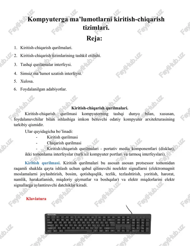 ida ma’lumotlarni kiritish ham chiqarish ham mumkin. interaktiv doska diskovod modem kiritish-chiqarish tizimi (kcht) – kompyuterning asosiy qurilmalarni birlashtirgan o’zaro bog’lash va ma’lumotlarni uzatish vositalardir: · markaziy protsessor (mp), - tezkor saqlash qurilmasi (tsq), - perifirik (tashqi) qurilma (pq). markaziy protsessor → kiritish-chiqarish tizimi → perefirik qurilmalar → foydalanuvchi yuqoridagi qatordan ko’rinib turganidek kcht ning bosh qismi markaziy protsessor hisoblanadi, ma’lumotlarga ishlov beradi va kchtga yuboradi, u o’z navbatida perefirik qurilmalar orqali ishlov berilgan ma’lumotni istemolchiga yetkazadi. tashqi qurilmalar (pq) pq larni ikkita kategoriyaga ajratish mumkin: · tashqi saqlash qurilmalari (tashsq); · kiritish-chiqarish qurilmalari (kchq), kompyuterni foydalanuvchi (tashqi muhit) bilan aloqa qilishi uchun vosita. kchq ning umumiy tuzilishi quyidagicha: kompyuterni o’zaro bog’liq funksional to’liq tugallangan va tarkibiy tuzilgan modullardan iborat tizim sifatida ifodalanish mumkin: mikroprotsessor, tsq, kontrollerlar (kis, kengaytirish platasi), tashsq, monitor, chop qilish va boshqa pq lar. ular o’rtasidagi aloqa kchq tomonidan standart texnik vositalar va o’zaro ta’sir qoidalari, …