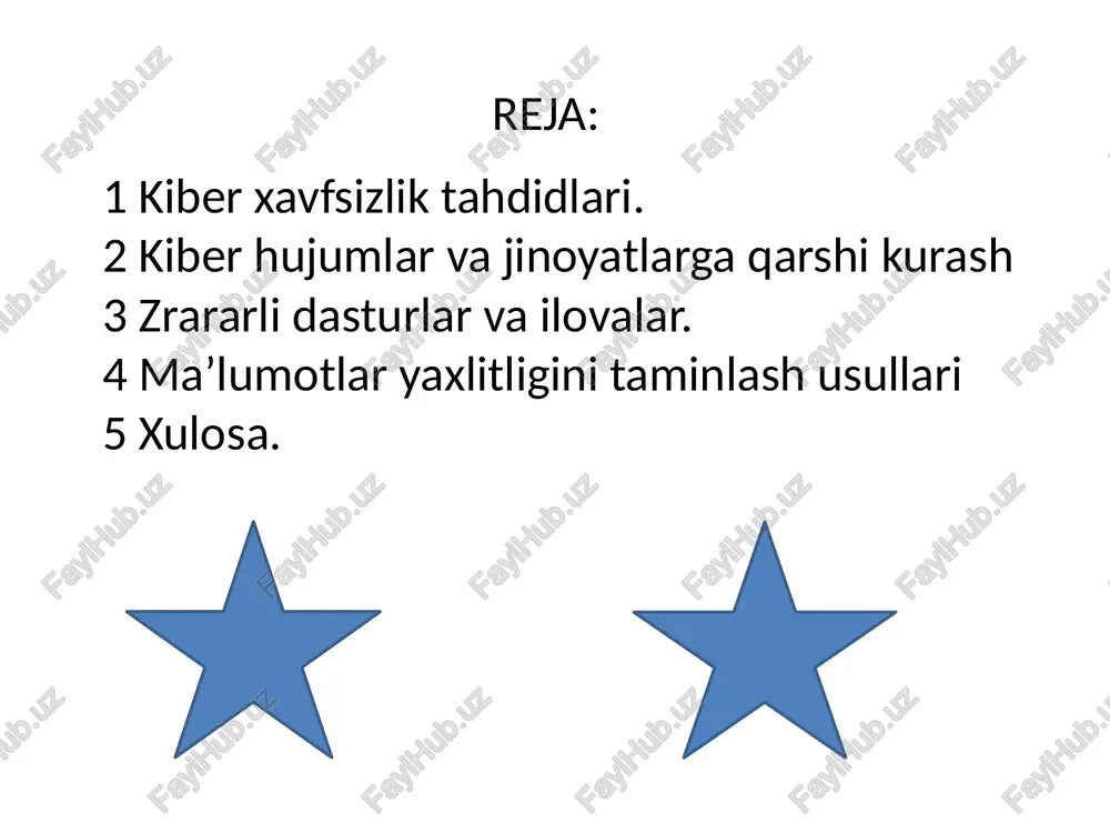 ajovuzkorlar so'nggi yillarda korporativ kiberxavfsizlik sohasida erishilgan yaxshilanishlardan xabardor va o'z hujumlarini an'anaviy himoyani chetlab o'tish va engib o'tish uchun moslashtirgan. zamonaviy kiberhujum ko'p vektorli bo'lib, aniqlashdan qochish uchun polimorfik koddan foydalanadi. natijada tahdidni aniqlash va unga javob berish har qachongidan ham qiyinroq. kiberxavfsizlik - bu kompyuterlar, serverlar, mobil qurilmalar, elektron tizimlar, tarmoqlar va ma'lumotlarni zararli hujumlardan himoya qilish amaliyotidir. u axborot texnologiyalari xavfsizligi yoki elektron axborot xavfsizligi sifatida ham tanilgan. bu atama biznesdan tortib mobil kompyuterlargacha bo‘lgan turli kontekstlarda qo‘llaniladi va bir necha umumiy toifalarga bo‘linishi mumkin. zararli dastur - bu zararli maqsadlar uchun mo'ljallangan dasturiy ta'minot yoki kod qismi. amaliyot shuni ko'rsatadiki, bu maqsadlar razvedkadan (ya'ni, harakatni kuzatish va zaifliklarni aniqlash uchun belgilangan maqsadda ma'lumot to'plash) moddiy yoki nomoddiy aktivlarga qasddan zarar etkazishgacha (ya'ni, kibermudofaani zaiflashtirish uchun qilingan hujumdan oldingi harakatlar) bo'lishi mumkin. ma'lumotlarni uzatish tarmog’ida axborot xavfsizligini ta'minlovchi tizim tarkibida foydala­nuvchi va boshqarish axboroti bo’lgan ma'lumotlarning saqlanish …