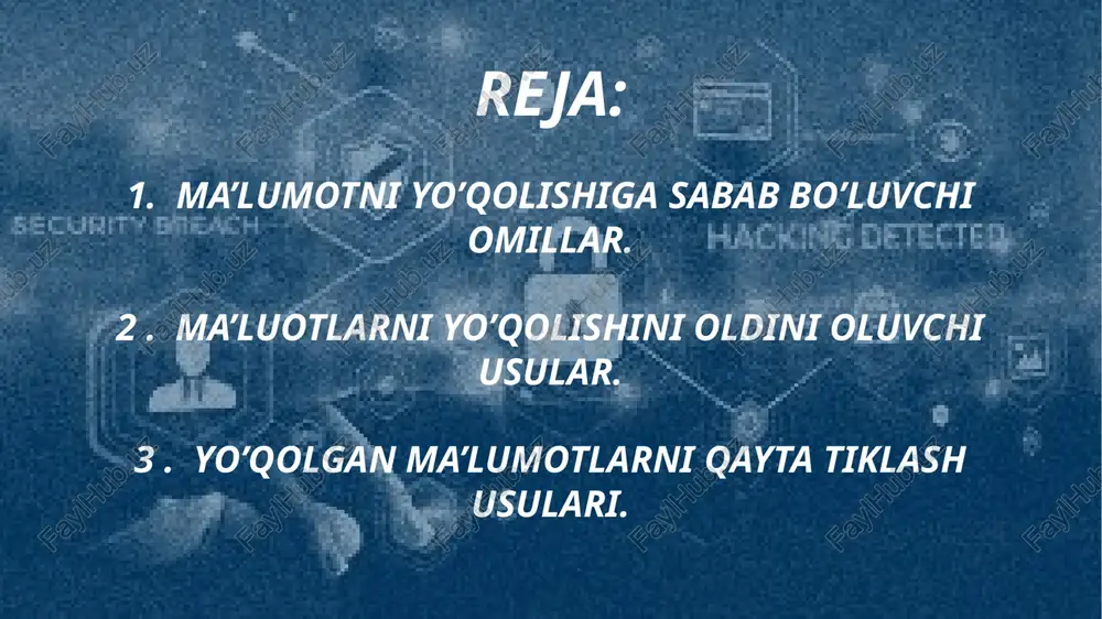 tanish bo’lgani bois tashqi hujumlarga qaraganda jiddiy xavf tug’dirishi mumkin. ishlab chiqarishning yo’qolishi. tarmoq asosida biznes faoliyat yuritadigan tashkilotlarda tarmoqning buzilishi ishlab chiqarishning yo’qolishiga olib keladi. hujum natijasida ishlab chiqarishi yo’qolgan hollarda uni qayta tiklash ko’p vaqt talab qiladi va bu vaqt davomida ishlab chiqarish to’xtab qoladi. maxfiylikni yo’qolishi. konfidensial axborotni chiqib ketishi natijasida, tashkilot shaxsiy ma’lumotlari yo’qolishi va bu hodisa tashkilot uchun jiddiy muammo bo’lishi mumkin. axborotni o’g’irlanishi. tarmoqqa qaratilgan hujum natijasida kutilmagan axborot chiqib ketishi mumkin. tashkilot xodimlarining shaxsiy va ishga oid ma’lumotlarini kutilmaganda oshkor bo’lishi ushbu xodimlarga bevosita ta’sir ko’rsatadi. agar hujum mijozlar ma’lumotlari saqlangan bazaga qaratilgan bo’lsa, u holda tashkilot uchun jiddiy muammoga sabab bo’ladi. razvedka hujumlari. razvedka hujumlari asosiy hujumni oson amalga oshirish uchun tashkilot va tarmoq haqidagi axborotni to’plashni maqsad qiladi va bu hujumchilarga mavjud bo’lgan potensial zaiflikni aniqlash imkonini beradi. xizmatdan voz kechishga undash (denial of service, dos) hujumlari. xizmatdan vos kechishga qaratilgan …