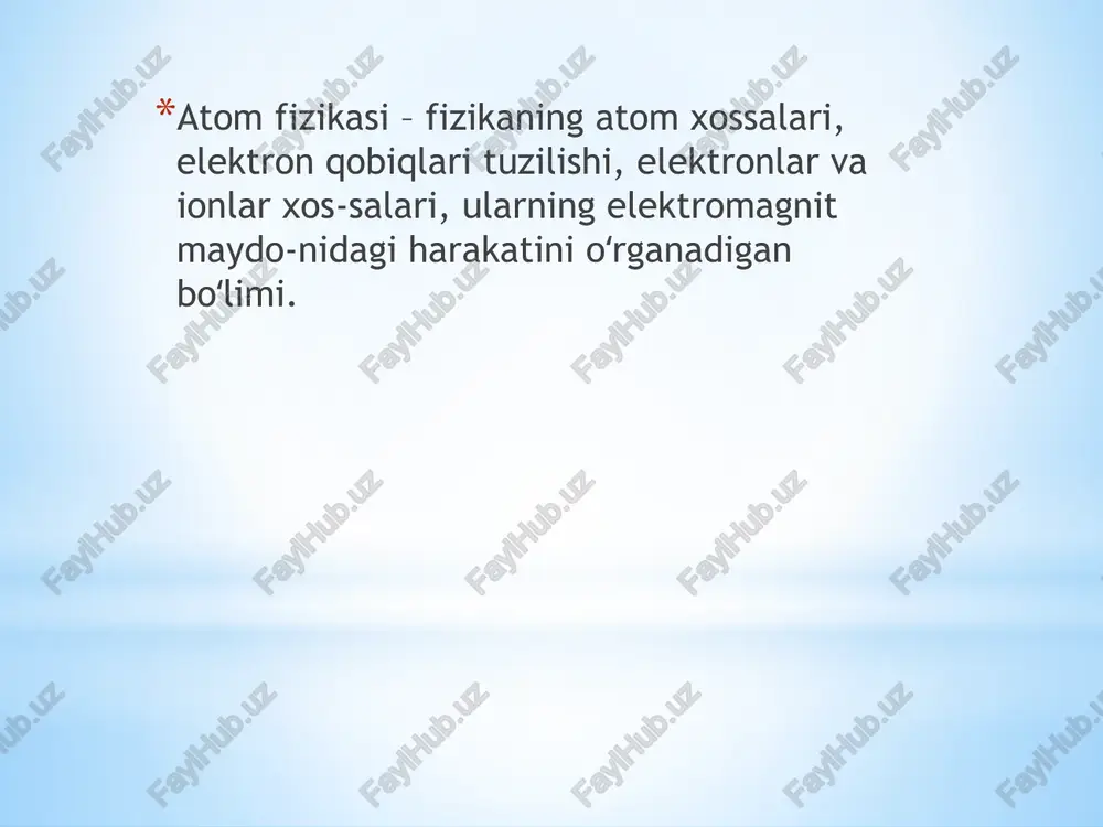 d ww o | electrons /5om > elementlerin ézelligini tasryan en kiigiik birimine atom denir. veya, fiziksel ve kimyasal yontemlerle daha basit birimlerine ayristirilamayan, maddenin en kigiik birimine atom denir. gozle gériilmesi imkansiz, cok kiigiik bir pargaciktir ve sadece taramali tiinel mikroskobu (atomik kuvvet mikroskobu) ile incelenebilir. ortalama caplari 10 * cm civarindadir. /docprops/thumbnail.jpeg farg’ona politexika institut kimyo texnalogiya fakulteti (00t. 80-22 gurub talabasii raxmonova feruzaning fizika fanidan tayyorlagan tagdimoti ‘mavau: atom va yadro fizikasi elementlar]