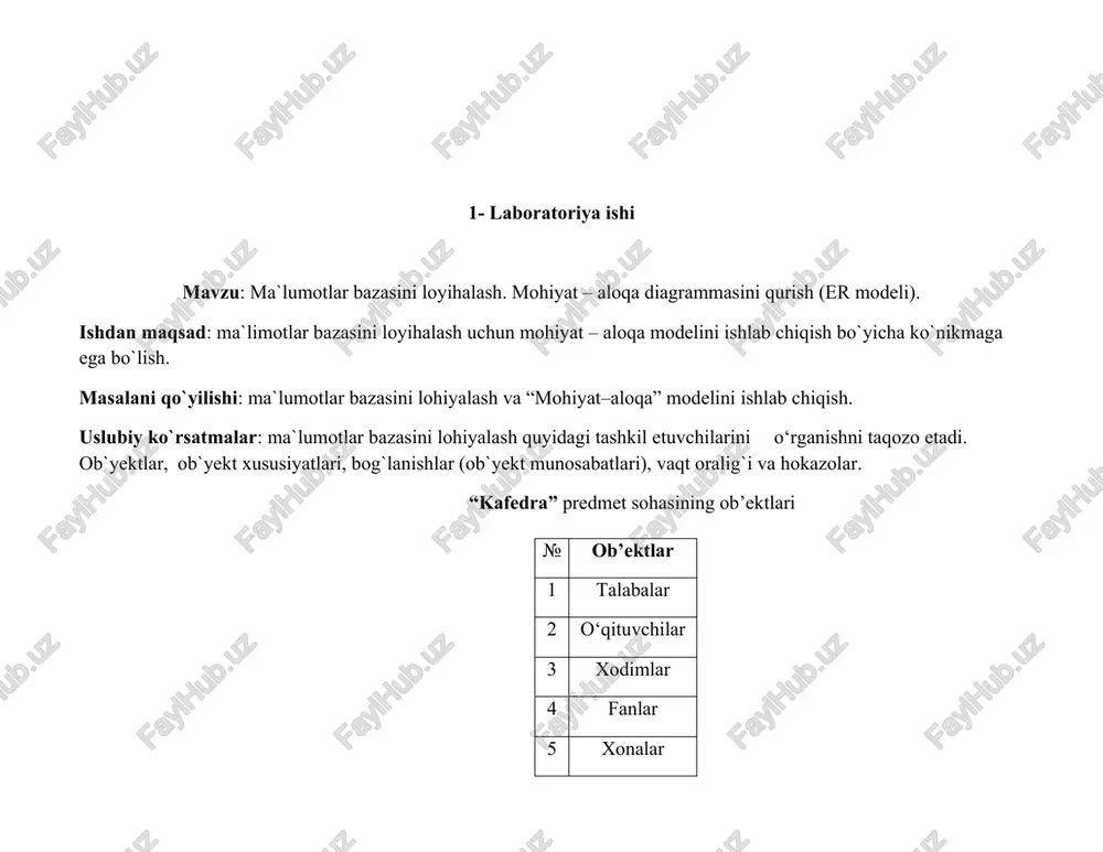 ti kompyuter injinering fakulteti ma’lumotlar bazasi fanidan 2-amaliy ish bajardi: searaxon sodiqova 2- laboratoriya ishi mavzu: relyatsion ma`lumotlar bazasini loyihalash. ishdan maqsad: ma`lumotlar bazasini relyatsion modeli uchun jadvallar tizimini ishlab chiqishni o`rganish va ob`yektlarni bog`lanish munosabatlarini tahlil qilish. masalani qo`yilishi: berilgan predmet soha ma`lumotlar bazasidagi barcha ob`yektlarni relyatsion modelini ishlab chiqish. uslubiy ko`rsatmalar: ma`lumotlar bazasini relyatsion modelini qurishda bog`lanish munosabatlari muhim ahamiyatga ega. aslida ma`lumotlar bazasi munosabatlarga qarab ob`yektlari bog`laydi. asosan ma`lumotlar bazasida quyidagi munosabatlar mavjud: 1. birga – bir (1:1)munosabat. a va v ob`ektlar to`plami orasida 1:1 munosabat o`rnatilgan deyiladi, agarda a ob`ektning har bir nusxasiga v ob`ektning bitta nusxasi mos kelsa, va aksincha, v ob`ektning har bir nusxasiga a ob`ektning bitta nusxasi mos kelsa. 2. birga – ko`p (1:n) munosabat. a va v ob`ektlar to`plamida a ob`ektning har bir nusxasiga v ob`ektning bir nechta nusxasi mos kelsa, shu bilan birga v ob`ektning har bir nusxasiga a ob`ektning bittadan …