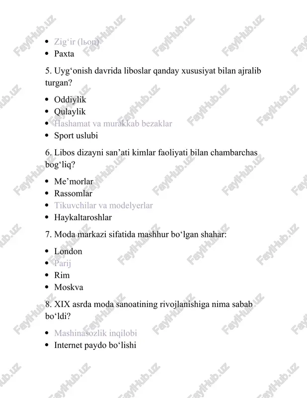 ta’sir ko‘rsatgan shaxs: leonardo da vinchi koko shanel rafael donatello 19. koko shanel qanday yangilik kiritgan? liboslarda ipakdan foydalanish yopiq kiyim modasini targ‘ib qilgan qulay, sodda, ammo nafis kiyim uslubi ayollar uchun shimni taqiqlagan 20. uyg‘onish davrida erkaklar kiyimining asosiy elementi: qisqa ko‘ylak va tor shim uzun to‘n katta xalat qoplangan parda 21. libos dizaynining asosiy vazifasi: rang tanlash model chizish estetik va qulay kiyim yaratish matoni yuvish 22. “fashion designer” degani: kiyim dizayneri model ustoz o‘quvchi 23. libos san’atining asosiy tarmoqlari: haykaltaroshlik, me’morchilik modelyerlik, tikuvchilik, bezak san’ati rassomchilik, adabiyot sartaroshlik 24. uyg‘onish davrida kiyimlarda qaysi ranglar ko‘p ishlatilgan? oq va qora to‘q va boy ranglar (oltin, binafsha, qizil) faqat oq faqat qora 25. ayollar korseti qachon ommalashgan? xiv asrda xvi asrda xviii asrda xx asrda 26. kiyim dizayni so‘zi ingliz tilidan qanday tarjima qilinadi? libos tozalovchi bo‘yoqchi kiyim loyihasi, kiyim yaratuvchilik rasmlar yig‘indisi 27. uyg‘onish davrida kiyimlar kimlar tomonidan …