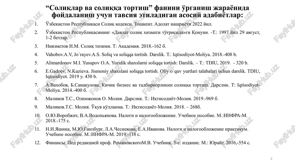 publikasi konstituttsiyasi (51 va 123 moddalar) o'zbekiston respublikasining “davlat soliq xizmati to'g'risida”gi qonuni (16 modda) o'zbekiston respublikasi oliy majlis qarorlari boshqa me'yoriy-huquqiy hujjatlar. o'zbekiston respublikasi prezidenti farmon va qarorlari, vazirlar mahkamasining soliqqa oid qarorlari o'zbekiston respublikasi soliq kodeksi (483 modda) r e j a : respublika uzbekistan ayrim toifadagi jismoniy shaxslar uchun ijtimoiy soliqni hisoblab chiqarish va to'lashning o'ziga xos xususiyatlari ijtimoiy soliqni hisoblash va to'lash tartibi ijtimoiy soliqning bazasi va stavkalari ijtimoiy soliq to'lovchilari va uni hisoblash ob'ektlari ijtimoiy soliqning iqtisodiy ahamiyati i. davlat va jamiyat qurilish tizimini takomillashtirish (moviy havorang – osmon va toza suv ramzi, buyuk amir temur davlatining bayrog'ining rangi) ii. qonun ustuvorligini ta'minlash va sud-huquq tizimini yanada isloh qilish (siyohrang– qonuniylik elementlari hisoblangan ustuvorlik va or-nomuslilik ramzi) - iii. iqtisodiyotni rivojlantirish va erkinlashtirish (tillarang – iqtisodiyotni rivojlantirish elementlari hisoblangan kuch-qudrat va boylik ramzi,) - iv. ijtimoiy sohani rivojlantirish (qizil rang – hayot va aholining munosib …