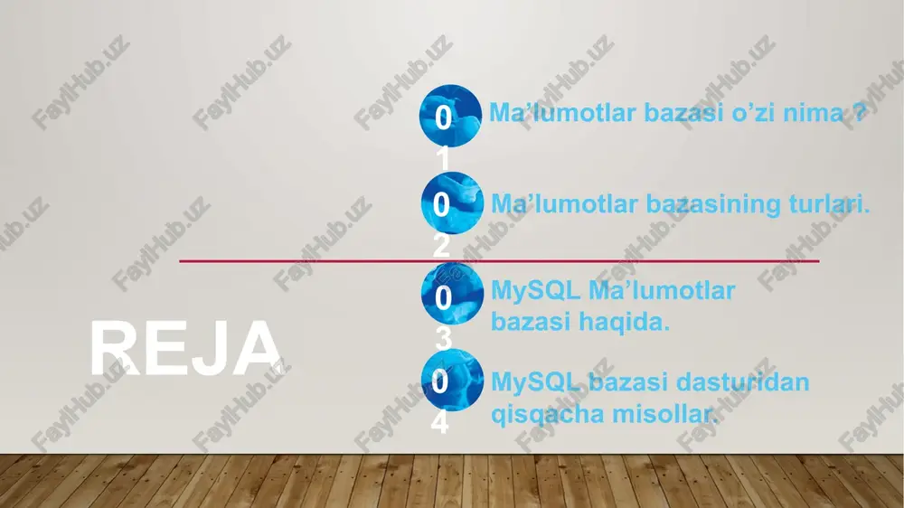 miz va unga ulanamiz. bazamizni ‘goods’ deb nomlaymiz. unga ulanish uchun ‘use’ komandasini ishlatamiz. kompaniya ma’lumotlarini saqlovchi company nomli jadval yaratamiz. bunda create buyrug’ini ishlatamiz. jadval yaratilgach, uni ‘show tables’ orqali tekshirib ko’ramiz. company jadvaliga ma’lumot kiritib ko’ramiz company jadvalidagi date_of_foundation atrributining nomini foundation_date qilib o’zgartiramiz jadvaldan ma’lumot o’chirib ko’ramiz. company jadvalidagi id raqami 1 ga teng bo’lgan qatorni to’liqligicha o’chiramiz e’tiboringgiz uchun rahmat…! image2.jpeg image3.jpeg image4.jpeg image5.png image6.png image7.png image8.png image9.png image1.jpg = vee mysql> create database goods; query ok, 1 row affected (8.07 sec) mysql> use goods; database changed mysql> create table company (company _id int(4) not null auto_increment primary key, name varchar(31) not null, owner varchar(31), date_of foundation date not null); query ok, @ rows affected, 1 warning (@.42 sec) mysql> show tables; company. row in set (@.04 sec) mysql> insert into company (name, owner, date_of_foundation) values ("samsung’, ‘kim hyu pak", ‘2001-01-02'); query ok, 1 row affected …