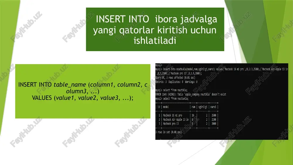 yalarga misol asin() funksiyasi butun sonni parametr sifatida qabul qiladi va berilgan butun son uchun arc sin qiymatini qaytaradi. degrees() funksiyasi radianlarni fodalovchi qiymatni qabul qiladi va uni darajalarga aylantiradi. pow() funktsiyasi manfiy bo'lmagan sonni parametr sifatida qabul qiladi, berilgan qiymatning kvadrat ildizini hisoblaydi va natijani qaytaradi abs() funksiyasi butun son qiymatini parametr sifatida qabul qiladi va berilgan butun son uchun mutlaq qiymatni qaytaradi. sana va vaqt funktsiyalari sana va vaqt funktsiyalariga misol curdate() joriy kunlar sanasini olish uchun ishlatiladi. natijadagi qiymat satr yoki kontekstga asoslangan raqamli qiymat bo'lib, qaytarilgan sana "yyyy-aa-kk“ yoki yyyyaa formatida bo'ladi. hour() funksiyasi berilgan sana vaqt ifodasidan vaqt soatini olish va qaytarish uchun ishlatiladi. monthname() funksiyasi berilgan sana yoki sana vaqt ifodasining month nomini olish va qaytarish uchun ishlatiladi. bu funksiya oyni (yanvardan dekabrgacha) ifodalovchi satr qiymatini qaytaradi. str_to_date() funksiyasi parametr sifatida satr qiymati va format satrini qabul qiladi, berilgan satrdan date, time yoki, datetime …