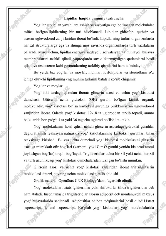 gʻ molekulalari triatsilglitserinlar yoki shifokorlar tilida triglitseridlar deb ham ataladi. inson tanasida triglitseridlar asosan adipotsit deb nomlanuvchi maxsus yogʻ hujayralarida saqlanadi. adipotsitlar adipoz toʻqimalarini hosil qiladi11start superscript, 1, end superscript. koʻplab yogʻ kislotalari yogʻ molekulalarida uchrasa, ularning baʼzilari tanada erkin ham uchraydi va ularga lipidning bir turi sifatida qaraladi. toʻyingan va toʻyinmagan yogʻ kislotalari yuqoridagi misolda koʻrsatilganidek, triglitserid yogʻ kislotasining uchta dumchasi bir-biriga oʻxshamaydi. yogʻ kislotasi zanjirlari uzunligi, shuningdek, ularning toʻyinmaganlik darajasiga koʻra farq qiladi. uglevodorod zanjiridagi qoʻshni uglerodlar faqatgina oddiy bogʻlarni hosil qilgan boʻlsa, yogʻ kislotasi toʻyingan deb aytiladi. (yogʻ kislotalari vodorodga toʻyinadi, toʻyingan yogʻda iloji boricha koʻproq vodorod atomlari uglerod skeletiga birikadi.) uglevodorod zanjirida qoʻshbogʻ boʻlsa, yogʻ kislotasi toʻyinmagan hisoblanadi, chunki endi unda vodorodlar soni kam boʻladi. yogʻ kislotasida faqat bitta qoʻshbogʻ boʻlsa, u mono-toʻyinmagan; bir nechta qoʻshbogʻ boʻlganda esa u poli-toʻyinmagan deyiladi. tarkibida lipid tutuvchi o’simliklar o’simlik moylari o’simliklarning to’qimalarida keng tarqalgan. lipidlar o’simlik hujayralarining asosiy moddalaridan …