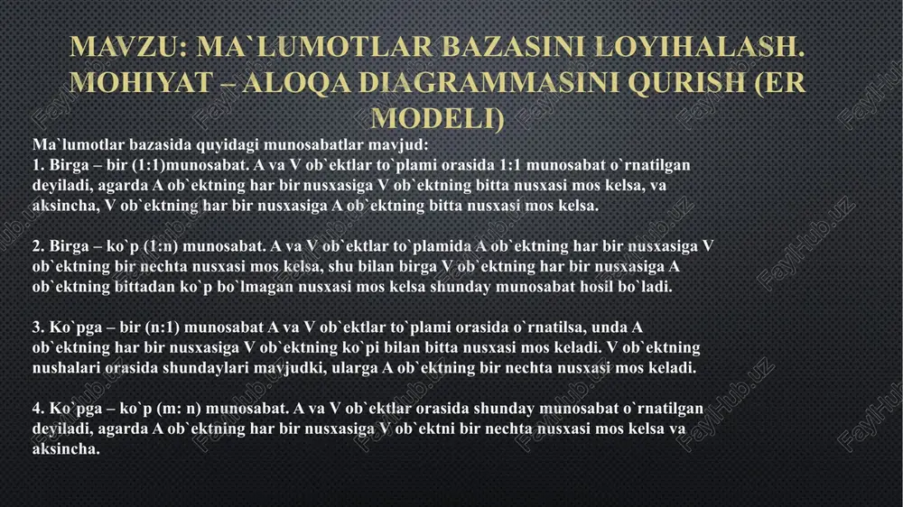 bog`langan to`plamidir. har bir munosabat kompyuterda fayl ko`rinishida tasvirlanadi. mavzu: sql tilida jadvallar yaratish, o‘zgartirish va o‘chirish integer butun son (odatda 10 tagacha qiymatli raqam va ishora). smallint «qisqa butun» (odatda 5 tagacha qiymatli raqam va ishora). decimal(p,q) o‘nli son, p raqam va ishoradan iborat (0 0 va har xil mbbt larda turlicha, lekin 4096 dan kam emas). date maxsus komanda orqali aniqlanuvchi formatdagi sana; sana maydonlari bizning eramizdan oldin bir necha mingyilliklardan boshlanuvchi va bizning eramiz beshinchi-o‘ninchi mingyilligi bilan cheklangan haqiqiy sanalarni o‘z ichiga olishi mumkin. time maxsus komanda orqali aniqlanuvchi formatdagi vaqt (ko‘zda tutilgan bo‘yicha hh.mm.ss). datetime sana va vaqt kombinatsiyasi. money maxsus komanda orqali aniqlanuvchi formatdagi pul birligi. 4 5 6 mavzu: ma’lumotlarni tanlash va ular ustida amallar dml tili so’rovlari: select – amal bajaradigan jadvalimizni tanlash, ekranga chiqarish komandasi. sintaksisi esa quyidagicha: select *from // jadvalni to’liq chiqarish select from // jadval ustunlarini chiqarish insert – …