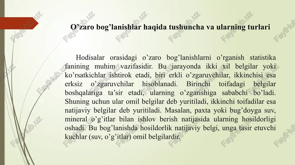 namunalari olinib, ularning temperaturasi 20 c dan 25 s gacha ozgartirilsa, u vaqtda bir xil sharoitda bo’lgan barcha gaz namunalarining hajmlari bir xil miqdorga kengayadi; termometrdagi simob ustunining balandligi havo yoki suvning harorati haqida aniq va bir qiymatli ma'lumot beradi. biologik hodisalarda ma'lum bir organizmning ayrim sifat yoki son belgilari orasida bog’lanishlar kuzatiladi. biologik belgilar orasida mavjud bo’lgan munosabatlar shu bilan xarakterliki, ularda bir belgining aniq qiymatiga boshqa belgining bir emas, balki bir qancha turli qiymatlari to’g’ri keladi, ba'zan bu qiymatlar aniqmas bo’lib qolishi ham mumkin, masalan, hosil solingan o’g’it miqdoriga bogliq, lekin bu bog’lanishda aniq moslik yoq. bir xil sifatli, bir xil miqdorda o’g’it berilganda ham hosil turlicha bolishi mumkin, chunki hosilning miqdori o’g’itdan tashqari boshqa kop sabablarga ham bog’liq bo’ladi. korrelyatsion bog’lanish. korrelyatsiya so’zi lot correlation so’zidan olingan bo’lib, o’zaro munosabat, bog’liqlik mabosini beradi. bu atamani statistika faniga ingliz biologi va statistic frensis galto xix asr oxirida kiritgan. …