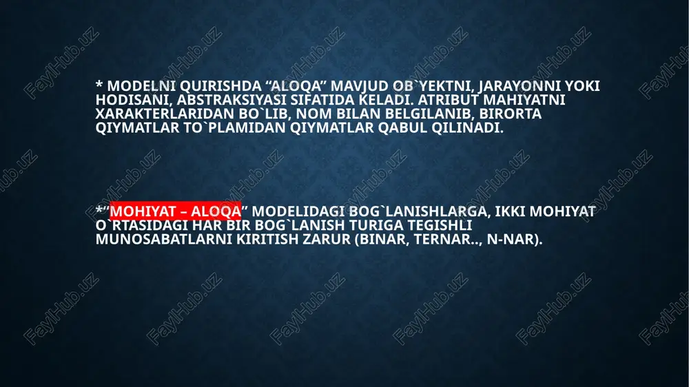 anytoone) (n:1) munosabat a va v ob’ektlar to‘plami orasida o‘rnatilsa, unda a ob’ektning har bir nusxasiga v ob’ektning ko‘pi bilan bitta nusxasi mos keladi. v ob’ektning nushalari orasida shundaylari mavjudki, ularga a ob’ektning bir nechta nusxasi mos keladi. ko‘pga – ko‘p(manytomany)(m: n) munosabat. a va v ob’ektlar orasida shunday munosabat o‘rnatilgan deyiladi, agarda a ob’ektning har bir nusxasiga v ob’ektni bir nechta nusxasi mos kelsa va aksincha. yuqoridagilarga tayangan holda obyektlarni yaratib olamiz (ps bo`yicha). biz dastlab pechene jadvalini yaratib olamiz…. create table pechene( id int, nomi varchar(15), i_ch_s date, ishchi_id int primary key, ); desc pechene – operatori orqali o’zim yaratgan jadvalni qande ma’lumot turlaridan tashkil topganini ko’rishim mumkin. . alter – jadvalga o’zgartirish kiritish uchun ishlatiladi. bu buyruq jadvalga yangi ustunlar qo'shish, ustunlarni o'chirish, ustunlar kattaligini o'zgartirish, hamda cheklanishlarni qo'shish va olib tashlash imkoniyatlariga ega. bu buyruq ansi standarti qismi emas, shuning uchun har xil tizimlarda har xil …