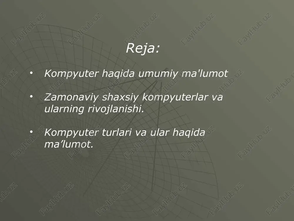 shini tashkil etuvchi boshqarish qurilmasi; dasturlar va ma`lumotlarni saqlash uchun xotira; axborotlarni kiritish va chiqarish uchun tashqi qurilma. kompyuterlarni xotirasining hajmi, takt chastotasi(bir sekundda bajaradigan amallar tezligi), ma’lumotlarning razryad to’rida (yacheykalarda) tasvirlanishiga qarab, besh guruhga bo’lish mumkin: - super kompyuterlar; - katta kompyuterlar; - mini kompyuterlar; - mikro kompyuterlar(shaxsiy kompyuterlar); - bloknot va cho’ntak kompyuterlari (notebook, la’to’, ‘almto’), super kompyuterlar (top 500 kompyuterlar)- juda katta tezlikni talab qiladigan va katta hajmdagi masalalarni yechish uchun mo’ljallangan bo’ladi. bunday masalalar sifatida ob-havoni global, bashoratiga oid masalalarni, uch o’lchovli fazoda turli oqimlarning kechishini o’rganish masalalari, global informatsion tizimlar va hokazolarni keltirish mumkin. bu kompyuterlar bir sekundda 10 trilliardlab amal bajaradi. misol sifatida aqsh energetika vazirligining sandia laboratoriyasida o’rnatilgan 9472 protsessorli intel asci red kompyuterini keltirish mumkin. xususan, bu kompyuter yadro sinovlarini va eskirayotgan yadro qurollarini modellashtirishda qo’llaniladi. katta kompyuterlar (manframe com’uter)- fan va texnikaning turli sohalariga oid masalalarni yechishga mo’ljallangan. ularning amal bajarish …
