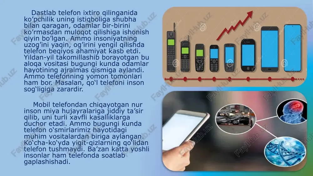 ha test o‘tkazishganda, kamerali telefonlarning nurlanishi sodda uyali telefonlarga qaraganda ko‘proq bo‘lgan. nurlanish asosan uyali telefondan so‘zlashuv vaqtida chiqadi, lekin «kutish» holatida u nurlanishdan butkul xalos bo‘lmaydi, chunki uyali telefon baza stansiyasiga o‘zining tarmoq doirasida ekanligi, qo‘ng‘iroq, sms va shu kabi ma’lumotlarni qabul qilishga tayyorligi haqida axborot berib turadi. uyali telefondan foydalanish tartibiga kelsak, uni so‘zlashuv vaqtidagi «kutish» holatida quloqda emas, balki qo‘lda ushlab turish, shuningdek, metropolitenda, xizmat doirasidan tashqarida, zarur bo‘lmasa tunda, keraksiz paytlarda o‘chirib qo‘yish muhim. bundan tashqari, ust kiyimning ichiga solib yurish tavsiya qilinmaydi. uni iloji boricha qo‘lda va yon xaltada olib yurish lozim. shuningdek, uyali telefonni yosh bolalardan uzoqda tutish kerak. saraton xastaligini o‘rganish bo‘yicha xalqaro agentlik va butunjahon sog‘liqni saqlash tashkiloti mobil telefonlar odamlarda xavfli o‘smalarni keltirib chiqarishini birinchi marta e’tirof etdi. shu choqqacha bu haqda faqat taxminlar aytib kelingan bo‘lsa, endilikda nufuzli xalqaro tashkilotlar ham qo‘l telefonlarining zarari haqida uzil-kesil fikr bildirishdi. elektromagnit to‘lqinlari …