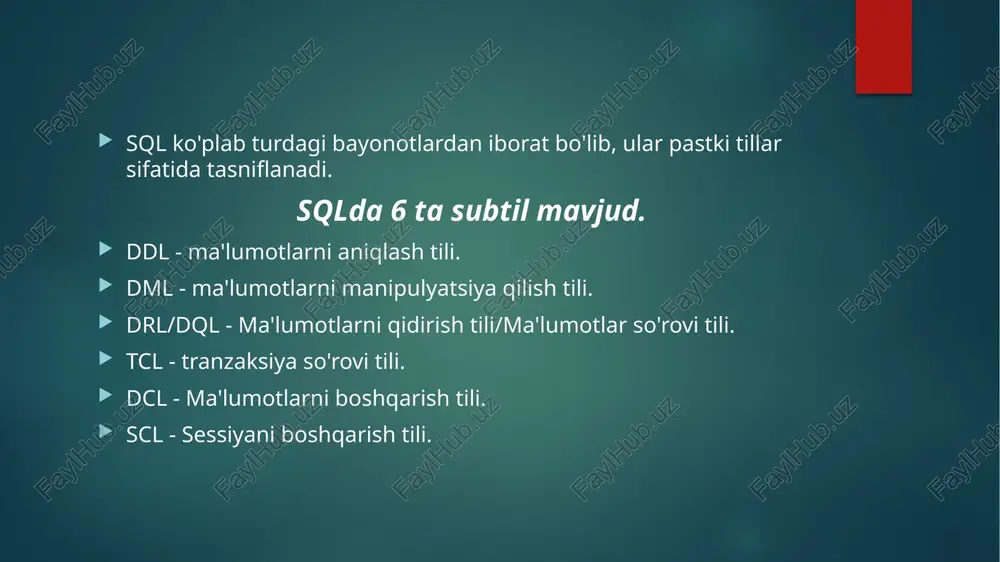 t roll - scl buyruqlari. strukturaviy so'rovlar tili (sql) nima? strukturaviy soʻrovlar tili (sql) — relyatsion maʼlumotlar bazalarini boshqarish va ulardagi maʼlumotlar ustida turli operatsiyalarni bajarish uchun foydalaniladigan standartlashtirilgan dasturlash tili. dastlab 1970-yillarda yaratilgan sql nafaqat ma'lumotlar bazasi ma'murlari, balki ma'lumotlar integratsiyasi skriptlarini yozuvchi ishlab chiquvchilar va analitik so'rovlarni o'rnatish va ishga tushirishni maqsad qilgan ma'lumotlar tahlilchilari tomonidan muntazam ravishda qo'llaniladi. sql atamasi ess-kew-ell yoki sequel deb talaffuz qilinadi. sql quyidagilar uchun ishlatiladi: ma'lumotlar bazasi jadvali va indeks tuzilmalarini o'zgartirish;ma'lumotlar qatorlarini qo'shish, yangilash va o'chirish; relyatsion ma'lumotlar bazasini boshqarish tizimlari (rdbms) ichidan ma'lumotlarning kichik to'plamlarini olish va olish -- bu ma'lumotlar tranzaksiyalarni qayta ishlash, tahliliy ilovalar va relyatsion ma'lumotlar bazasi bilan bog'lanishni talab qiladigan boshqa ilovalar uchun ishlatilishi mumkin. sql so'rovlari va boshqa operatsiyalar bayonotlar sifatida yozilgan buyruqlar shaklini oladi va foydalanuvchilarga ma'lumotlar bazasi jadvallaridan ma'lumotlarni qo'shish, o'zgartirish yoki olish imkonini beruvchi dasturlarga birlashtirilgan. jadval ma'lumotlar bazasining eng asosiy birligi …