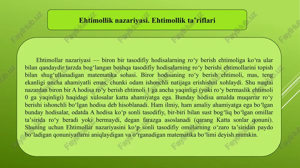 ktiv modda uchun berilgan vaqt oraligʻida bu modda n ta atomi yemirilishining maʼlum ehtimoli borligini tasdiqlaydi. ikkinchi sxema bilan ifodalanuvchi qonuniyatlar statistik qonuniyatlar deyiladi. tugʻilish va oʻlim bilan bogʻliq statistik qonuniyatlari ham (mas, oʻgʻil tugʻilishi ehtimoli 0,515 ekanligi) avvaldan maʼlum. 19-asr oxiridan boshlab fizika, kimyo, biologiya va boshqalar fanlarda koʻplab statistik qonuniyatlar kashf etiladi. turli sohalardagi statistik qonuniyatlarni ehtimollar nazariyasi usullari bilan oʻrganish hodisalarning ehtimollari hamma vaqt baʼzi oddiy munosabatlarni qanoatlantirishga asoslangan. shu oddiy munosabatlar asosida hodisalarning roʻy berish ehtimollari xossalarini oʻrganish ehtimollar nazariyasi predmetini tashkil qiladi. oʻzbekistonda ehtimollar nazariyasi 20-asr 20-yillaridan boshlab v.i.romanovskiy tashabbusi va bevosita ishtiroki bilan rivojlana boshladi. t.a.sarimsoqov, s.x. sirojiddinov, t.a. azlarov, sh.k. farmonov, a.n. nagayev, n.u. gʻofurov, t.m. zuparov kabi olimlarning ehtimollar nazariyasiga oid tadqiqotlari muhim ahamiyatga ega. hozirgi kunda ehtimollar nazariyasi va matematik statistika matematikaning eng taraqqiy etgan tarmoqlaridan biridir. ehtimollik tariflari klassik statistik geometrik genetikada ehtimolliklar. umumiy qoidalar va mahsulot qoidalari. ushbu qoidalarni …