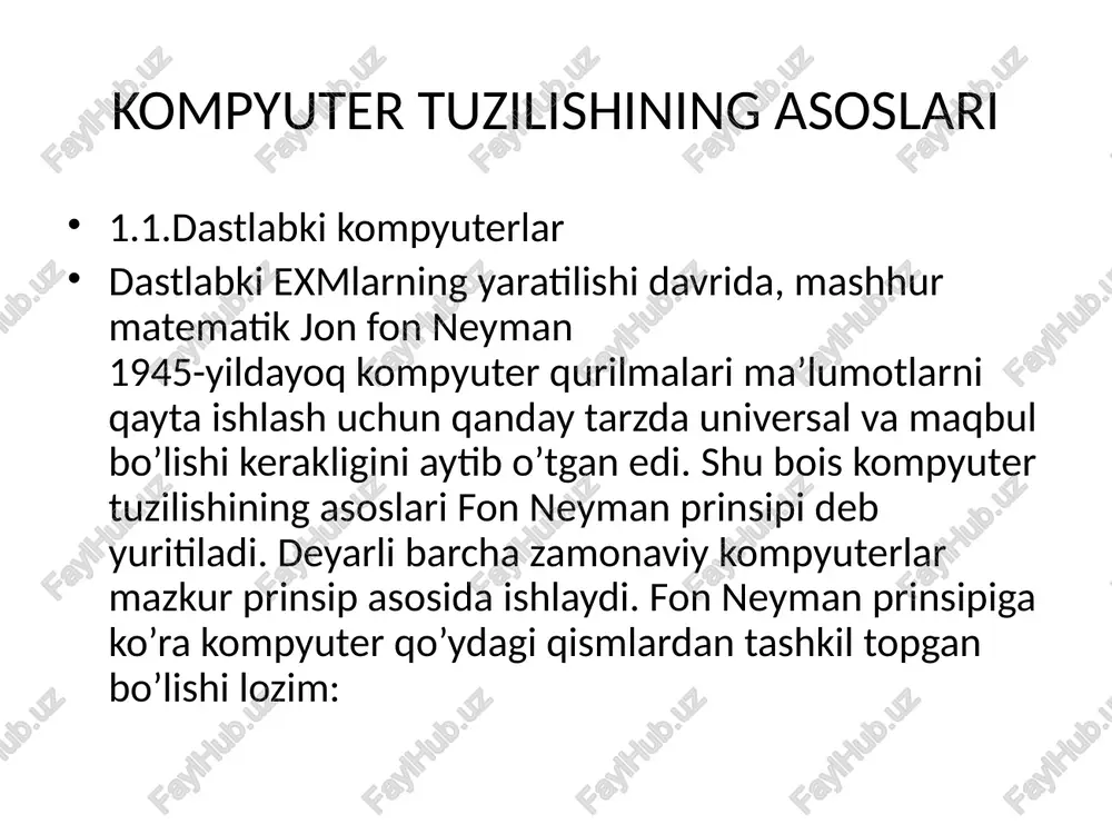 xotira, qattiq disk, kontrolerlar, disketalar va lazerli kompakt disklar bilan ishlash uchun qurilmalar va boshqalar joylashadi. markaziy protsessor. kompyuterning eng muhim qismini markaziy protsessor, (ya'ni protsessor va boshqaruv qurilmasi) tashkil etadi. dastur yordamida berilgan ma'lumotlarni o’zgartiradigan, hamma hisoblash jarayonlarini boshqaradigan hamda hisoblash ishlariga tegishli moslamalarning o’zaro aloqasini o’rnatadigan qurilma — protsessor deb ataladi. arifmetik va mantiqiy amallarni bajarish, xotiraga murojaat qilish, dasturdagi ko’rsatmalarning berilgan ketma-ketlikda bajarilishini boshqarish va boshqa amallar protsessor zimmasidadir. bir so’z bilan aytganda, protsessor kompyuterning barcha ishini boshqaradi va barcha ko’rsatmalarini bajaradi. mikroprotsessor ibm rusumli kompyuterlarda protsessor sifatida odatda intel firmasi yoki unga muvofiq boshqa firmalarning mikroprotsessorlari o’rnatiladi. kompyuterlar mikroprotsessor turlari bilan farqlanadi. mikroprotsessorlarning intel 8088, 80284, 80386sx, 80386, 80486 kabi turlari ma'lum. 1993-yildan boshlab intel firmasi pentium mikroprotsessorlarini ishlab chiqarib, ibm kompyuterlariga o’rnatmoqda. hozirda respublikamizda ibm rusumli kompyuterlardan piii keng tarqalgan. ayrim korxona va tashkilotlarda, xususan ta'lim muassasalarida, jumladan akademik litsey va kasb-hunar kollejlarida piv kompyuterlari …