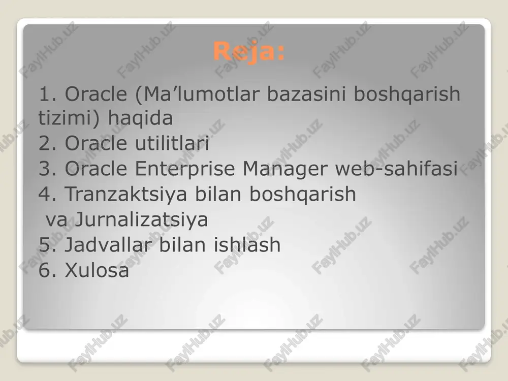 nazorat qilish) uchun ishlatiladi. misol tariqasida rman utilitasini oladigan bo'lsak, bu utilita bazani to'liq yoki qisman zahira nusxalarini juda katta xajmga kamaytirib(siqib) hosil qiladi va saqlash uchun o'zi chunarli bo'lgan kodlarga aylantiradi. bazaga shikast etganda shu zahira nusha orqali bazani qayta tiklash mumkin bo'ladi. oracle enterprise manager web-sahifasi ma'lumotlarni boshqarishda foydalanuvchilarga qulaylik yaratish maqsadida oracle dasturi yaratuvchilari oracle enterprise manager deb nomlangan web sahifa yaratishgan bo'lib, bu sahifa orqali butun oracle ni boshqarish mumkin bo'ladi. sql kodlarini bilmaydigan foydalanuvchilar ham bu web sahifa orqali barcha vazifalarni bajarishi mumkin, faqatgina kerakli "ssilka" larni bosish kifoya. har bir ma'lumotlar bazasi uchun alohida-alohida enterprise manager sahifasi bo'ladi, har bir sahifa portlar orqali ajratiladi. barcha brauzerlarda bu sahifa yaxshi namoyon bo'ladi va bazani xafsizligiga portlarni boshqarish yo'li bilan erishish mumkindir. tranzaktsiya – bu qaralayotgan mbbt mb ustida ketma-ket operatsiyalarni bajararishidir, ya'ni ma'lumotlar bilan monipulyatsiya qilib ketma-ket operatsiyalar yordamida mbbtga ta'sir etishdir. tranzaktsiya ma'lumotlar bazasini …