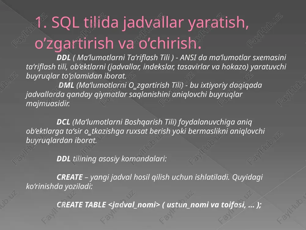 gicha: select *from // jadvalni to’liq chiqarish select from // jadval ustunlarini chiqarish insert – sql da barcha satrlar ushbu buyruq yordamida kiritiladi. sintaksisi esa quyidagicha: insert into values (“ustun_info”, “ustun_info”, … ); delete – satrlarni jadvaldan o‘chirish buyrug‘i. sintaksisi esa quyidagicha: delete from where qidiruv_sharti; update – maydon qiymatlarini o‘zgartirish buyrug‘i. sintaksisi esa 2 hil: update set column=expression; update set column=expression where qidiruv_sharti; mysql> create table dokondagi_kitoblar(id int, nomi varchar(37), soni int(27), narxi varchar(30)); bu amal bilan jadval yaratib olamiz mysql> update dokondagi_kitoblar set soni='50' where id=56381; mysql> update dokondagi_kitoblar set soni='40' where id=74836; bu amallar bilan esa qiymatlarini o’zgartiramiz. and, or, not mantiqiy standart so’zlardan foydalanish operator ta`rifi = teng > katta = katta yoki teng teng emas in biror qiymatlar to‗plamiga tegishliligini tekshirish between biror qiymatlar diapozoniga tegishliligini tekshirish like namuna bilan mosligini tekshirish is null qiymat mavjudmasligini tekshirish not mantiqiy inkor operatori and va mantiqiy operatori …