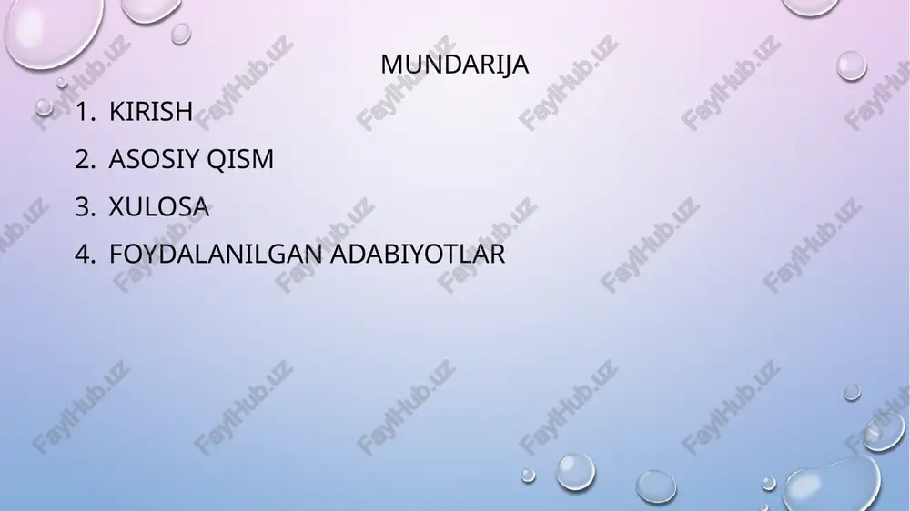 it, shart berish uchun where, biron oraliq berish uchun between, jadvallarni qo’shishda union, join lardan foydalanildi. xulosa sql(structured query language) so‘rov tili ko‘p operatorlardan tashkil topgan bo‘lib, bu operatorlar orqali foydalanuvchilar va dasturlar oracle(mbbt) dagi ma’lumotlar bazasiga murojatni amalga oshirishi mumkin. oracle utilitalari yoki har xil dasturlar sql operatorlarisiz bazaga murojatni amalga oshirishi mumkin, lekin so‘rovlarni amalga oshirishda bu so‘rov tilidan foydalanmaslikning iloji yo‘q. foydalanilgan adabiyotlar o‘zbekiston respublikasi prezidentining 2017 yil 7 fevraldagi pf-4947-son “o‘zbekiston respublikasini yanada rivojlantirish bo‘yicha harakatlar strategiyasi to‘g‘risida”gi farmoni. mirziyoev sh.m. buyuk kelajagimizni mard va olijanob xalqimiz bilan birga quramiz. toshkent. «o‘zbekiston», nmiu, 2017. – 488 b. o‘zbekiston respublikasi prezidentining “2017-2021 yillarda yer osti suvlari zaxiralaridan oqilona foydalanishni nazorat qilish va hisobga olishni tartibga solish chora-tadbirlari to‘g‘risida”gi qarori. eric redmond, jim r. wilson. a guide to modern databases and the nosql movement– 347 s. aqsh, 2015 g. 1-laboratoriya ishi kutubxona ma’lumotlar bazasining mohiyat-aloqa diagrammasi. № ob`yektlar …