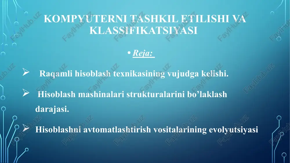 smoniy usullar bilan) qo’llab-quvvatlanmaydi. strukturali tashkil etish hmning funksional tashkil etishni moddiylashtirishni ta’minlaydi. raqamli hisoblash texnikasining vujudga kelishi birinchi marta “hisoblash mashinasi arxitekturasi” (computer architecture) atamasi ibm firmasi tomonidan ibm 360 oilasi mashinalarini ishlab chiqishda dasturchi mashina ko’rsatmalari darajasida dastur tuzishda foydalanishi mumkin bo’lgan vositalarini tavsiflash uchun ishlatilgan. bunday talqin “tor” deb nomlanadi, chunki u funksionallikni tavsiflovchi masalalarning faqat bir qismini o’z ichiga oladi: buyruqlar ruyxati va formati, ma’lumotlarni taqdim etish shakllari, kiritish/chiqarish mexanizmlari, xotirani adreslash usullari va boshqalar. xalqaro iso/iec 2382/1-93 standarti quyidagi ta’riflardan foydalangan holda ta’rifni beradi: bu hmning mantiqiy tuzilishi va funksional xususiyatlaridir, shu jumladan uning apparat va dasturiy komponentlari o’rtasidagi o’zaro bog’liqlik hamdir. hisoblash mashinalari strukturalarini bo’laklash darajasi. hisoblash mashinasi tugalangan obyekt sifatida inson bilimlarining turli sohalari mutaxassislarining sa’y-harakatlari samarasidir. har bir mutaxassis hisoblash mashinasini o’z oldida turgan masala nuqtai nazaridan, mavjud bo’lmagandan abstract holda, uning fikriga ko’ra bo’larlarni ko’rib chiqadi. bu ma’ruzada muhokama qilingan masalalar …