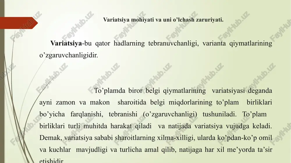 g’o’za navini yovvoyi g’o’za navi bilan changlatish serhosilli va chidamli o’simlik (g’o’za) navi va hayvon zotini yaratishning asosiy yo’li hisoblanadi. shu bilan birga o’z xossalari jixatidan tubdan farq qiluvchi hayvon va o’simliklardan, har xil tur, urug’ va oilalarga mansub mavjudotlardan, masalan, g’o’za va bug’doydan, mushuk va kuchukdan nasl olib bo’lmaydi. gen tiplarining juda kuchli variatsiyasi o’sish uchun tug’anoq bo’ladi. sanoatda ham, ayniqsa stanok, avtomashina, televizor kabi ommaviy maxsulot turla­rini ishlab chiqarishda butlovchi qism maxsulotlar o’lchami va belgi­lari qattik standart norma bilan chegaralanishi, ya’ni ishlov berish uchun qoldirilgan qism ma’lum miqdordan oshmasligi kerak. aks holda pirovard tayyor mahsulotlar sifati ziyon ko’radi. variatsion kenglik variatsiya, ya’ni belgi qiymatlarining qator markaziy miqdorla­ri (belgi darajasi) atrofida sochilishi (tarqoqligi)ning eng oddiy me’yori variatsi­on kenglikdir (inglizcha range). u o’rgani­layotgan belgining eng katta va eng kichik miqdoriy qiymatlari orasidagi farqni belgilaydi, ya’ni r – x(max) – x(min). bu yerda x(max) - belgining eng katta qiymati(qator xadi), x(min)- …