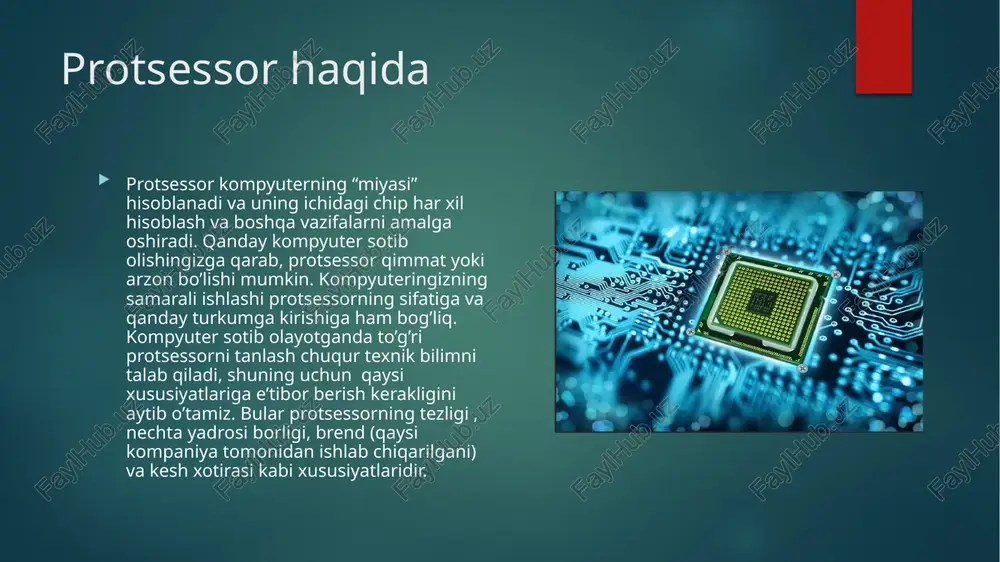 protsessor ishlab chiqaruvchi ikkita gigant mavjud – intel va amd. bu kompaniyalar va ularning qay birining mahsuloti yaxshiroq ekanligi haqida azaliy munozara bor, men bu munozaraga qo’shilmagan holda, intel kompaniyasi protsessorlari bizga har jihatdan qulay ekanligini aytib o’tmoqchiman. intel vs amd narxlari protsessor intel celeron 440 ishlab chiqaruvchi: intel turkum: celeron protsessor tezligi: 2 ghz yadrolar soni:1 ta l2 kesh xotirasi: 512kb narxi: 101, 200 so’m protsessor intel core i7-920 ishlab chiqaruvchi: intel turkum: core i7 protsessor tezligi: 2,6 ghz yadrolar soni: 4 ta l2 kesh xotirasi: 1 mb narxi: 770, 500 so’m protsessor amd athlon ii x2 240 ishlab chiqaruvchi: amd turkum: athlon ii protsessor tezligi: 2,8 ghz yadrolar soni: 2 ta l2 kesh xotirasi: 2 mb narxi: 218,500 so’m protsessor amd phenom ii x4 ishlab chiqaruvchi: amd turkum: phenom ii x4 protsessor tezligi: 3 ghz yadrolar soni: 4 ta l2 kesh xotirasi: 2 mb narxi: 644.000 so’m intel …