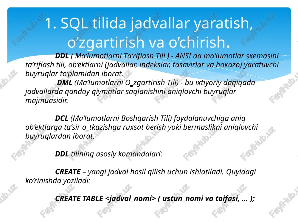 val ustunlarini chiqarish insert – sql da barcha satrlar ushbu buyruq yordamida kiritiladi. sintaksisi esa quyidagicha: insert into values (“ustun_info”, “ustun_info”, … ); delete – satrlarni jadvaldan o‘chirish buyrug‘i. sintaksisi esa quyidagicha: delete from where qidiruv_sharti; update – maydon qiymatlarini o‘zgartirish buyrug‘i. sintaksisi esa 2 hil: update set column=expression; update set column=expression where qidiruv_sharti; ma’lumotlarni tanlash va ular ustida amallar mysql> create table dokondagi_kitoblar(id int, nomi varchar(37), soni int(27), narxi varchar(30)); bu amal bilan jadval yaratib olamiz mysql> update dokondagi_kitoblar set soni='50' where id=56381; mysql> update dokondagi_kitoblar set soni='40' where id=74836; bu amallar bilan esa qiymatlarini o’zgartiramiz. operator ta`rifi = teng > katta = katta yoki teng teng emas in biror qiymatlar to‗plamiga tegishliligini tekshirish between biror qiymatlar diapozoniga tegishliligini tekshirish like namuna bilan mosligini tekshirish is null qiymat mavjudmasligini tekshirish not mantiqiy inkor operatori and va mantiqiy operatori or yoki mantiqiy operatori and, or, not mantiqiy standart so’zlardan foydalanish …