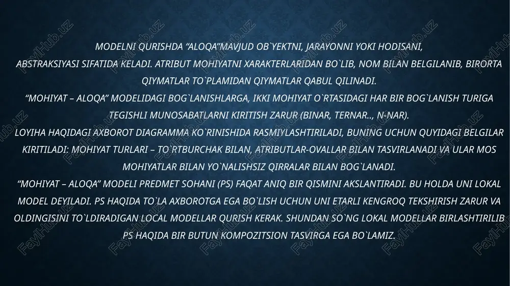 qiymatlari; domen – domenlar ma’lumotlarni ayrim asosiy turlarini aniqlash orqali o‘rnatiladi; atributlar – jadval ustunlar nomlari; bog‘lanish – relyation so‘zidan olinib munosabatni bildiradi; birlamchi kalit – bu kalit tashqi mb bilan bog‘lanishni o‘rnatish uchun xizmat qiladi. relyatsion mb munosabatlarni o`zaro bog`langan to`plamidir. har bir munosabat kompyuterda fayl ko`rinishida tasvirlanadi. kutubxonaning relyatsion modeli jadvallarini tuzib chiqamiz. kitoblar id nomi turi tili narxi 1 baxtiyor oila diniy o’zbek 52000 so’m 2 ijtimoiy odoblar diniy o’zbek 37500 so’m 3 the godfather detiktiv ingliz 89800 so’m 4 atom odatlar ilmiy o’zbek 45000 so’m mijozlar bino id soni tili turi 1 6800 o’zbek badiy 2 5800 arab diniy 3 4600 ingliz ilmiy 4 3500 rus tili badiy id fish tugilgan lavozimi manzili 1 sodiqov alijon 1999. 09.14 direktor toshkent uchtepa 2 soliyeva umida 1997.03.07 kutubxonachi toshkent uchtepa 3 siddiqov salim 1991.06.27 boshqaruvchi toshkent olmazor kitoblar kitoblar id fish tugilgan kasbi manzili 1 alijonov umid 2001.04 …
