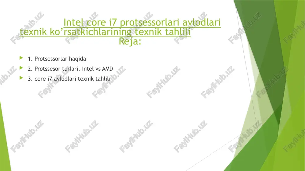 nik bilimni talab qiladi, shuning uchun men bu prezedentatsiyada protsessorning, asosan, qaysi xususiyatlariga e’tibor berish kerakligini aytib o’taman. bular protsessorning tezligi (chastota-frequency), nechta yadrosi borligi, brend (qaysi kompaniya tomonidan ishlab chiqarilgani) va kesh xotirasi kabi xususiyatlaridir. protsessorning tezligi uning eng asosiy jihatidir. odatda, bu ma’lumot protsessorning ustida yozilgan bo’ladi (“2,8 ghz” yoli “2,6 ghz” degan yozuvlar). protsessorning tezligi qancha yuqori bo’lsa, shuncha yaxshi, lekin, zamonaviy protsessorlarda ko’p yadrolilik ( dual core, quad core) degan tushuncha ham bor. bitta protsessorning o’zida ikkita, to’rtta va eng zamonaviy protsessorlarda 8 ta gacha yadro bor. protsessorda yadro qanchalik ko’p bo’lsa, u ham shunchalik yaxshi, ammo, ko’p yadroli protsessorlar bir yadroli protsessorlardan ancha qimmat turadi. intel vs amd ryzen amd ryzen va intel: umumiy topilmalar amd ryzenajoyib integratsiyalashgan grafikalarni taklif qiladi. kundalik unumdorlik va tasodifiy o'yin-kulgi uchun yaxshiroq qiymat. odatda xarajatlar kamroq. intelalohida grafik karta yoki video kartaga kerak bo'lishi mumkin. odatda ko'proq xarajat talab …