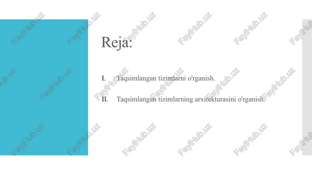 ishi bilan bog'liq ob'ektlarning qo'yidagi funktsiyalarini belgiladi: - resurslarga (hisoblash quvvatlariga, dasturlarga, ma'lumotlarga) kirish va ulardan foydalanishga ruxsat berish; - «mijoz-server» rejimida vazifalarni bajarish; - tizimning ishlashi statistika to'plash; - tizimning ishonchini ta'minlash 2.taqsimlangan tizimlarning arxitekturasi taqsimlangan tizimlar arxitektura tuzilish ishlari mantiqiy, fizikaviy va dasturiy tuzilmalarga asoslanadi. tt ning mantiqiy tarkibi tarmoq xizmatlari kompleksi va ular orasidagi aloqani saqlab qoladi. (1,2 - rasm). bu tarqatibda xabarlash xizmati (ahx) tarmoq foydalanuvchilari muammolarini ochishga mo'ljallangan. terminal xizmati (tx) tarmoqdagi terminallarning (foydalanuvchi kompyuterlarining) o'zaro bog'lanishini ta'minlaydi. bunga format va kodlarni o'zgartirish, turli xildagi terminallarni boshqarish, terminallar va tarmoq yetkazib axborot almashuv yaraning terminali qayta ishlash va boshqalar kiradi. 1.2 - rasm. tt ning mantiqiy tuzilishi nazariy ma’lumot: maʼmuriyat xizmati taʼlimni boshqaradi, rekonfiguratsiya va qayta tiklash jarohatini amalga oshadi, tarmoq ishlanishi uchun statistik maʼlumotlar toʻgʻri keladi, testdan foydalanishni yoʻlga qoʻyadi. axborotlashuv va terminallar abonent xizmatlarini tashkil etish, interfeys va transport xizmatlarini tashkil etish - …