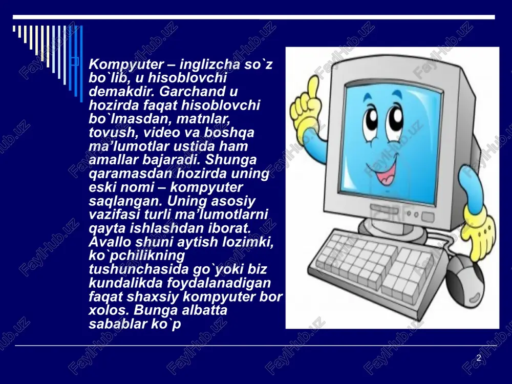 igi jihatidan blok kompyuterlardan kamida bir poqona pastdir. shuni aytish joizki, ularning gabariti (hajmi) tobora ixchamlashib, hatto shaxsiy kompyuterdek kichik joyni egallaydiganlari yaratilmoqda. bunday kompyuterlar turkumiga ilk bor yaratilgan pdp-11 (programm driver processor-dasturiy boshqaruv protsessori) turkumini, ilgari harbiy maqsadlar uchun ishlatilgan (maxfiy hisoblangan) vax, sun turkumli kompyuterlar, ibm 4381, hewlett packard firmasining hp 9000 va boshqalar minikompyuterga misol bo`la oladi. 8 bugungi kunda pentium iv kompyuterlari ham jahon bozorida keng tarqalmoqda. ibm pc moslik kompyuterlarini yuzlab firmalar ishlab chiqarmoqda. bular ibm, compaq, hewlett-packard, packard bell, toshiba, apple, siemens nixdors, acer, olivetti, gateway, sun va boshqa firmalardir. shuni aytish joizki, yuqorida nomlari zikr etilgan firmalar ishlab chiqargan kompyuterlar (bradename) – “oq yasalgan”, janubiy-sharqiy mamlakatlarda: malayziya, xitoy, tayland, koreya va boshqa mamalakatlarda yuqorida nomlari keltirilgan firmalar litsenziyasi asosida ishlab chiqarilgan kompyuterlar “sariq yasalgan” nomga ega. firma nomlari ko`rsatilmagan kompyuterlar esa “nomsiz kompyuterlar” (noname)deb yuritiladi. 9 noutbuk kompyuterlar. noutbuk kompyuterlar hajmi ancha ixcham …